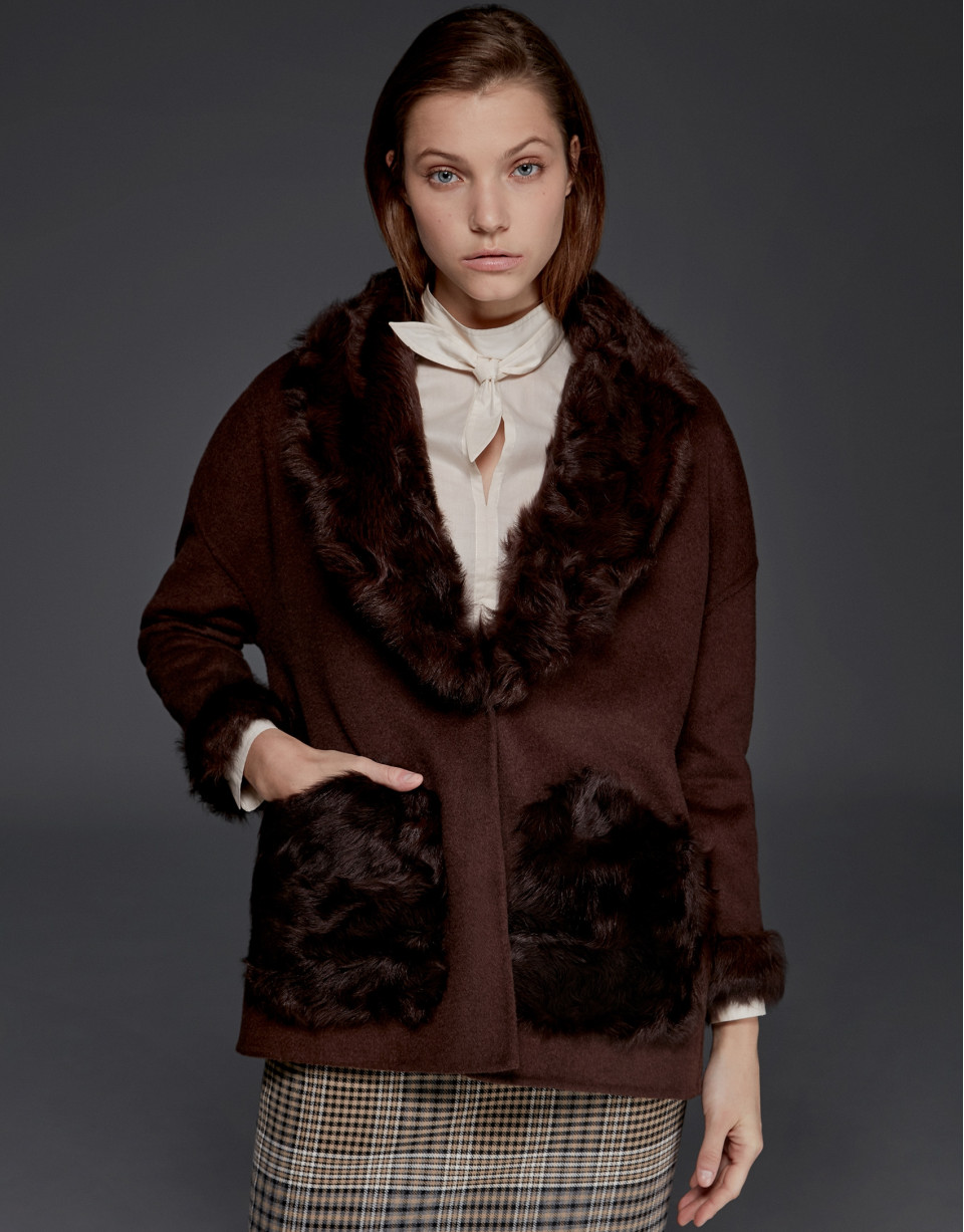 Brown double-faced parka with fur collar