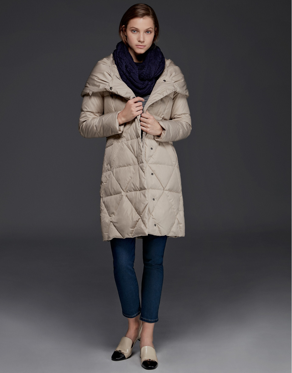 Long navy beige quilted ski jacket