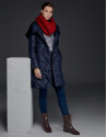 Long navy blue quilted ski jacket