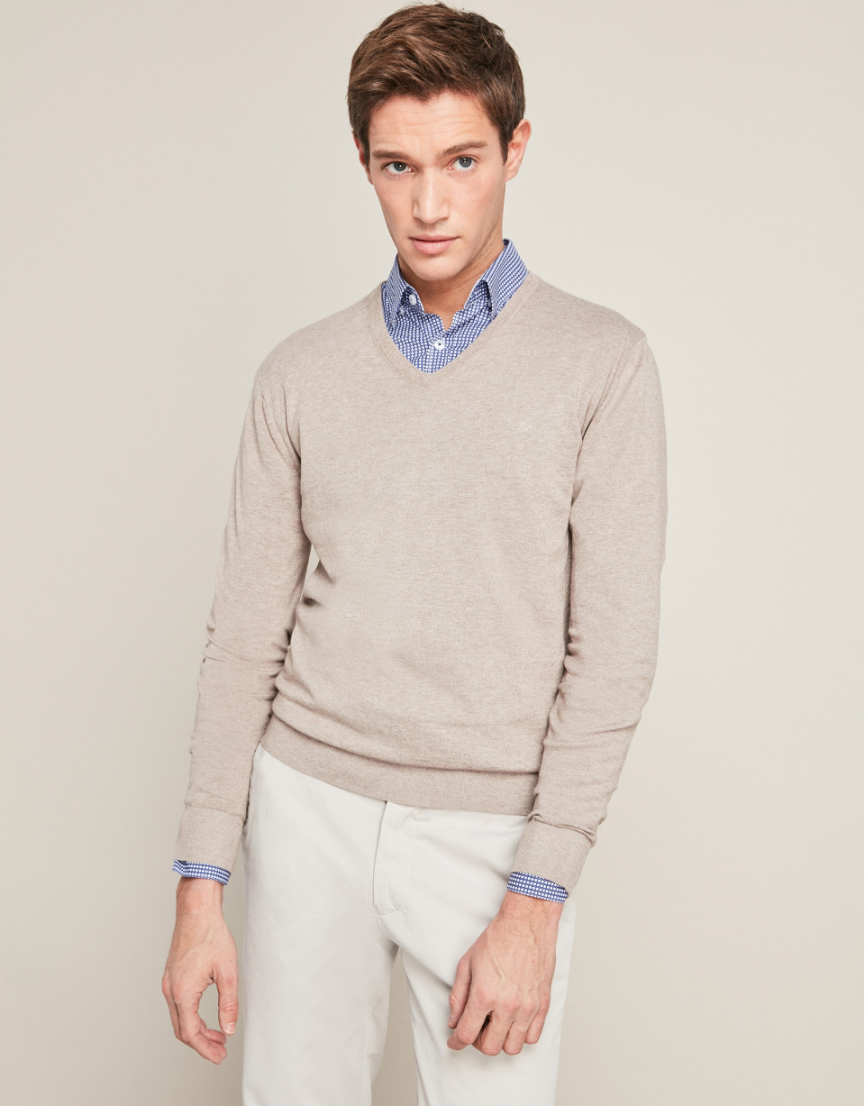 Jersey cuello pico visón claro