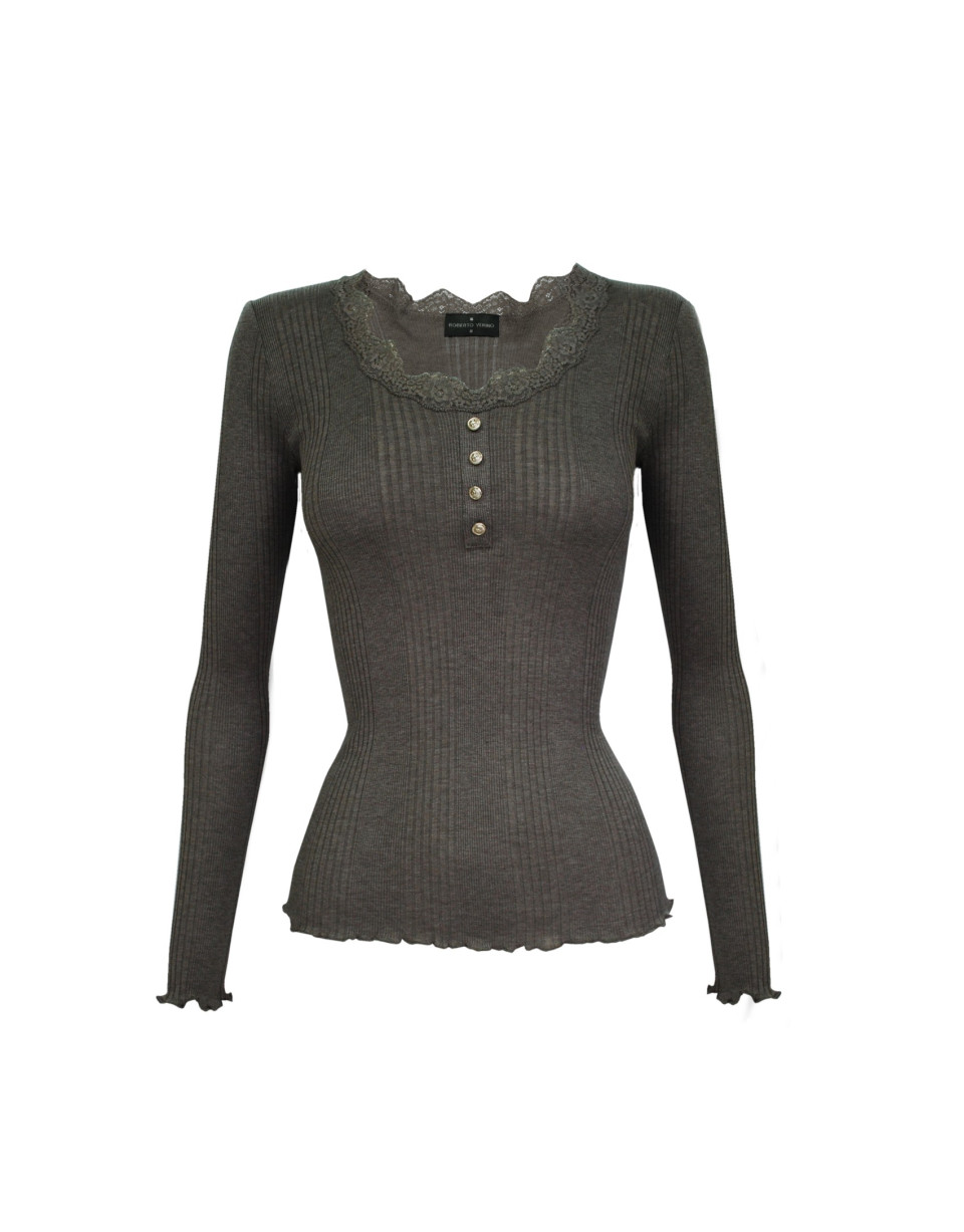 Brown T-shirt with lace neckline