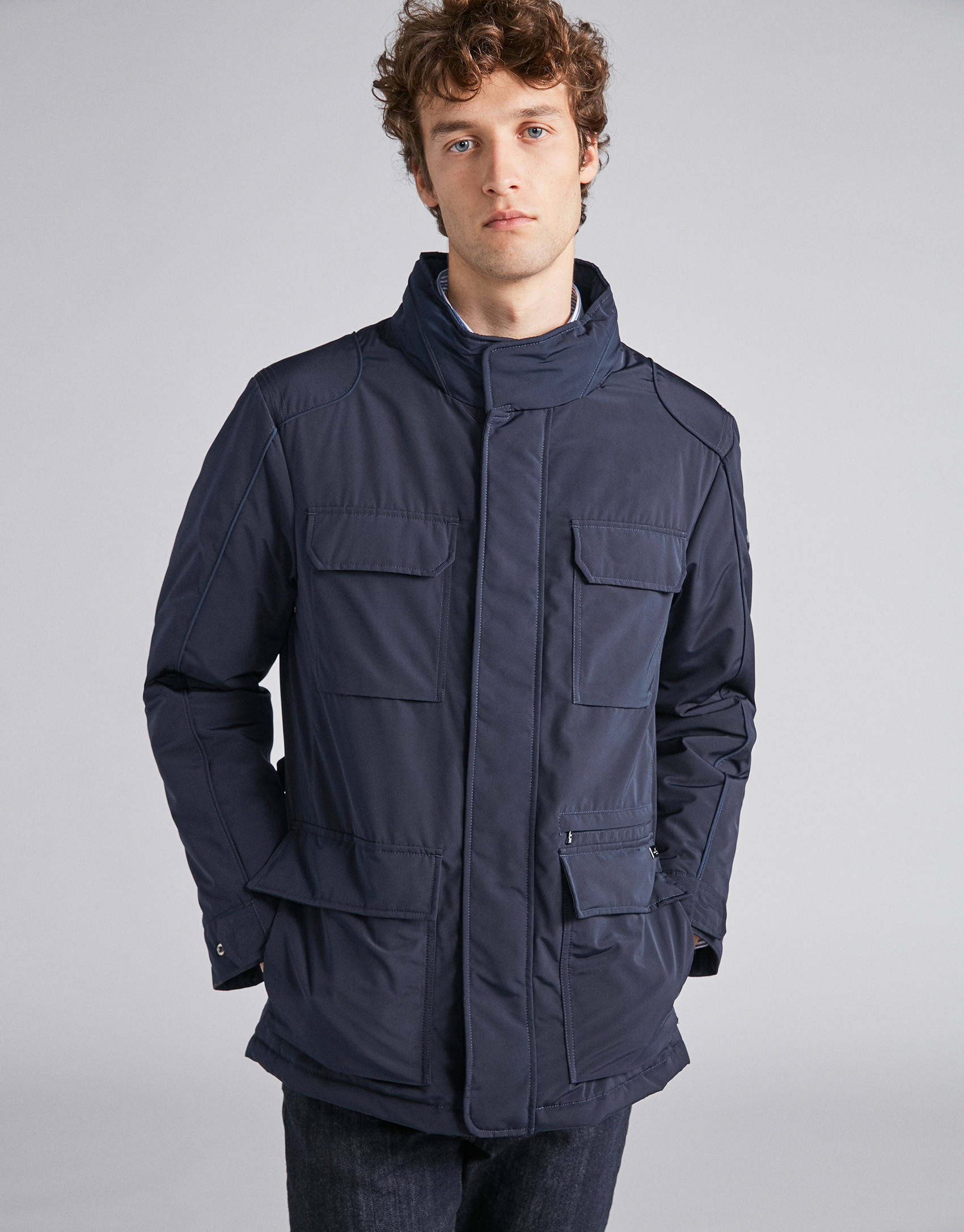 Navy blue tech parka with inside knit collar