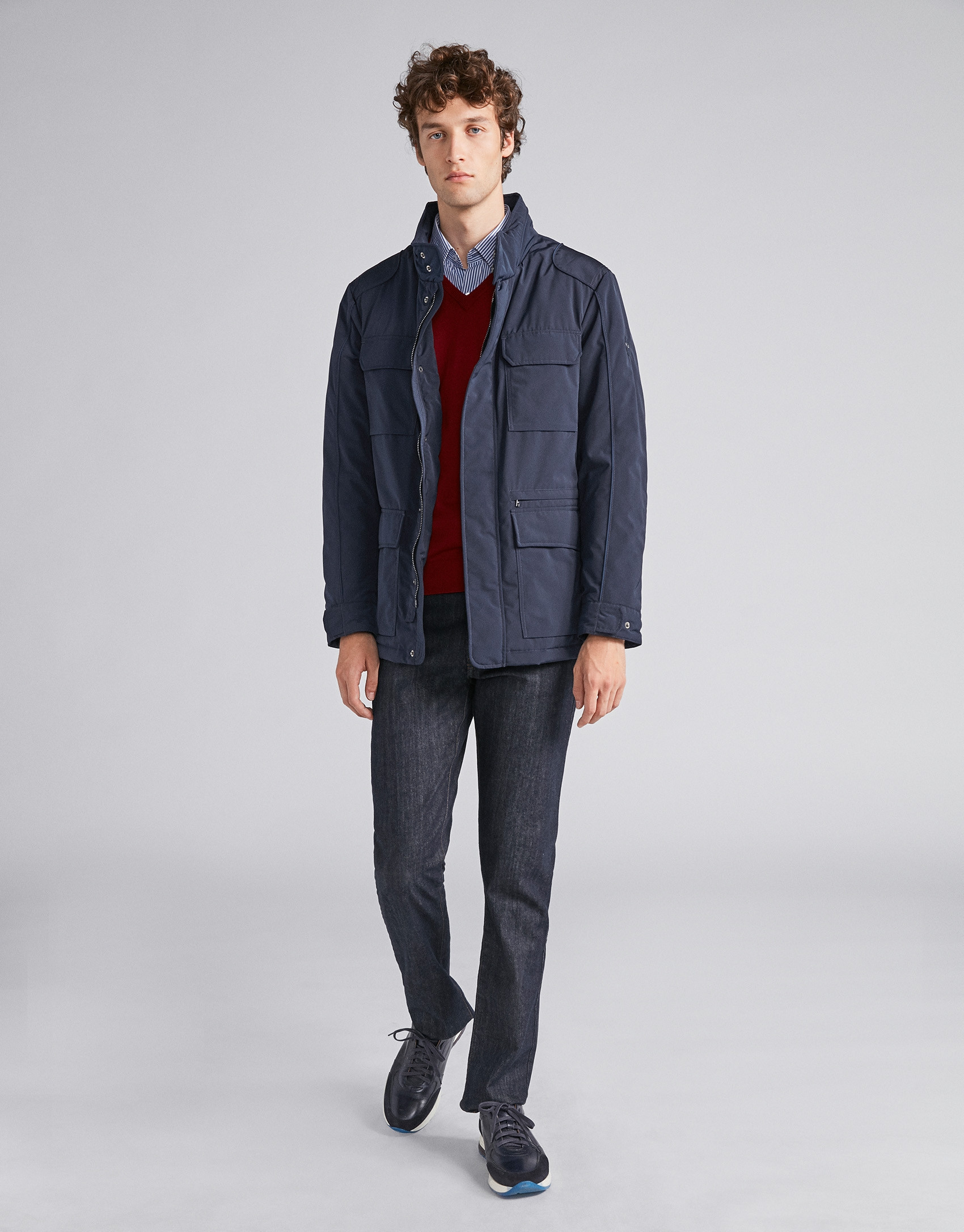 Navy blue tech parka with inside knit collar