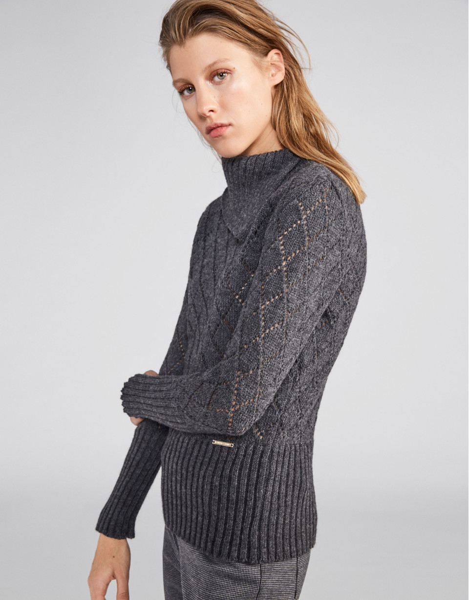 Marengo grey openwork sweater with asymmetric collar