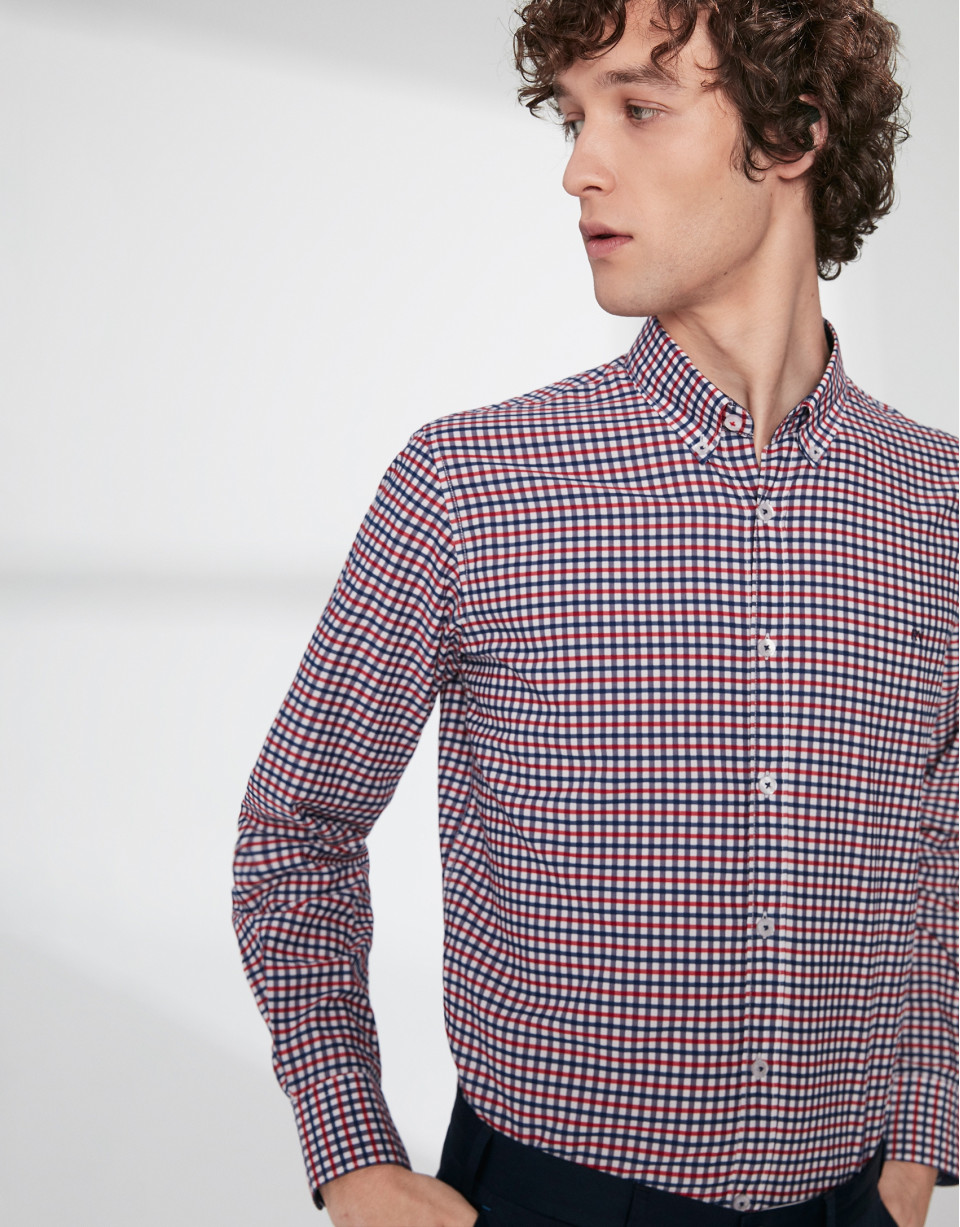 Navy blue and red Vichy checked sports shirt