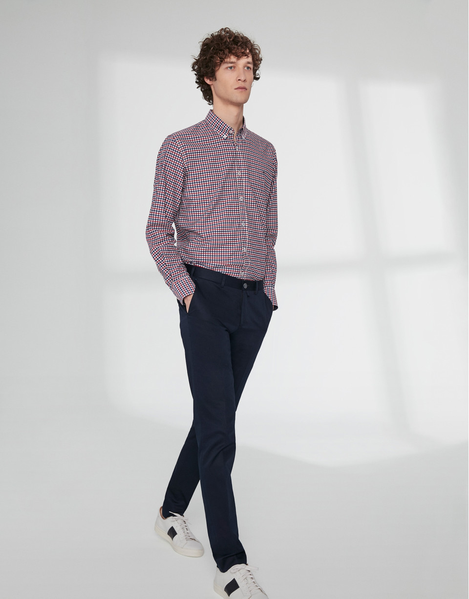 Navy blue and red Vichy checked sports shirt