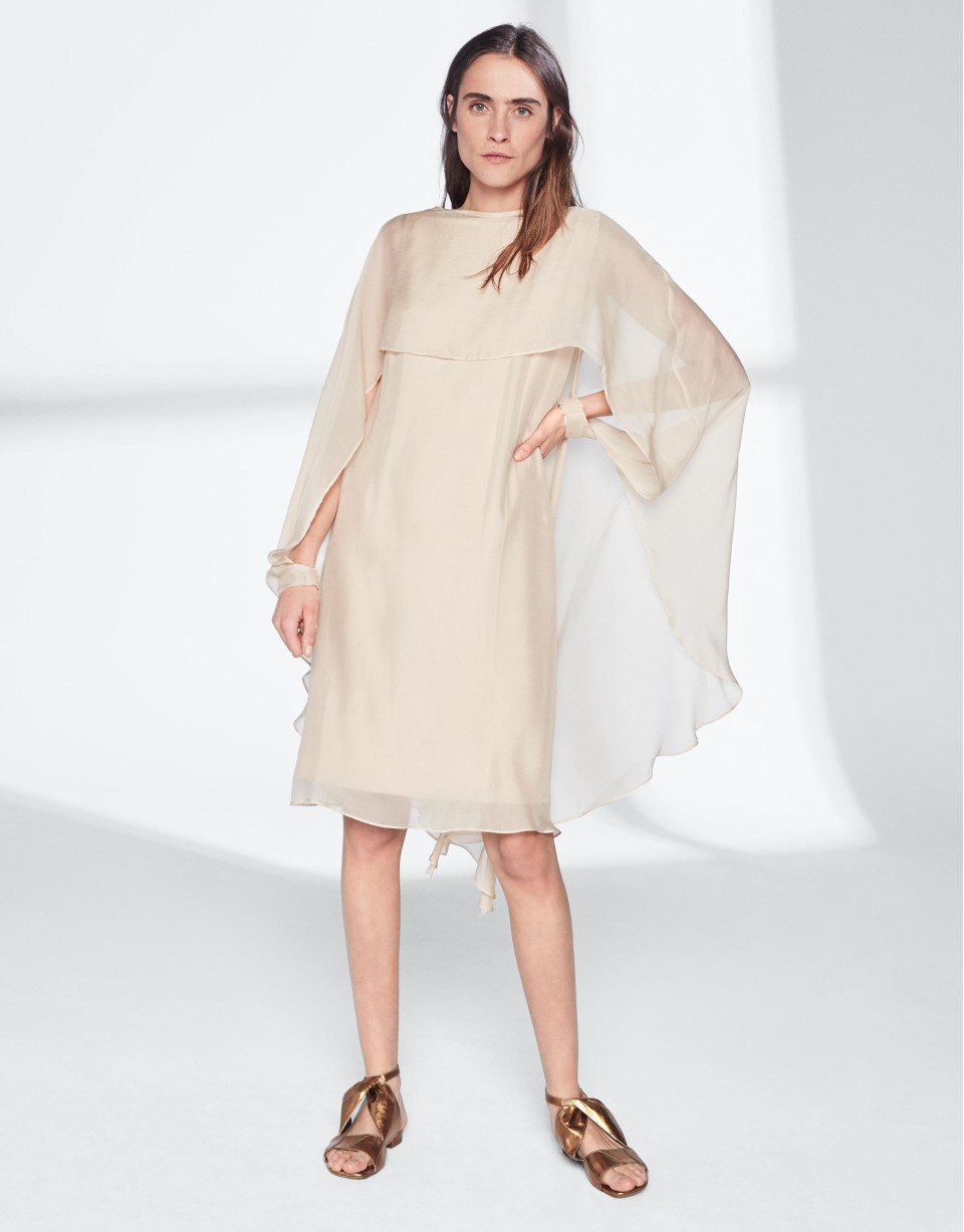 Sandy-colored asymmetric midi cape dress 