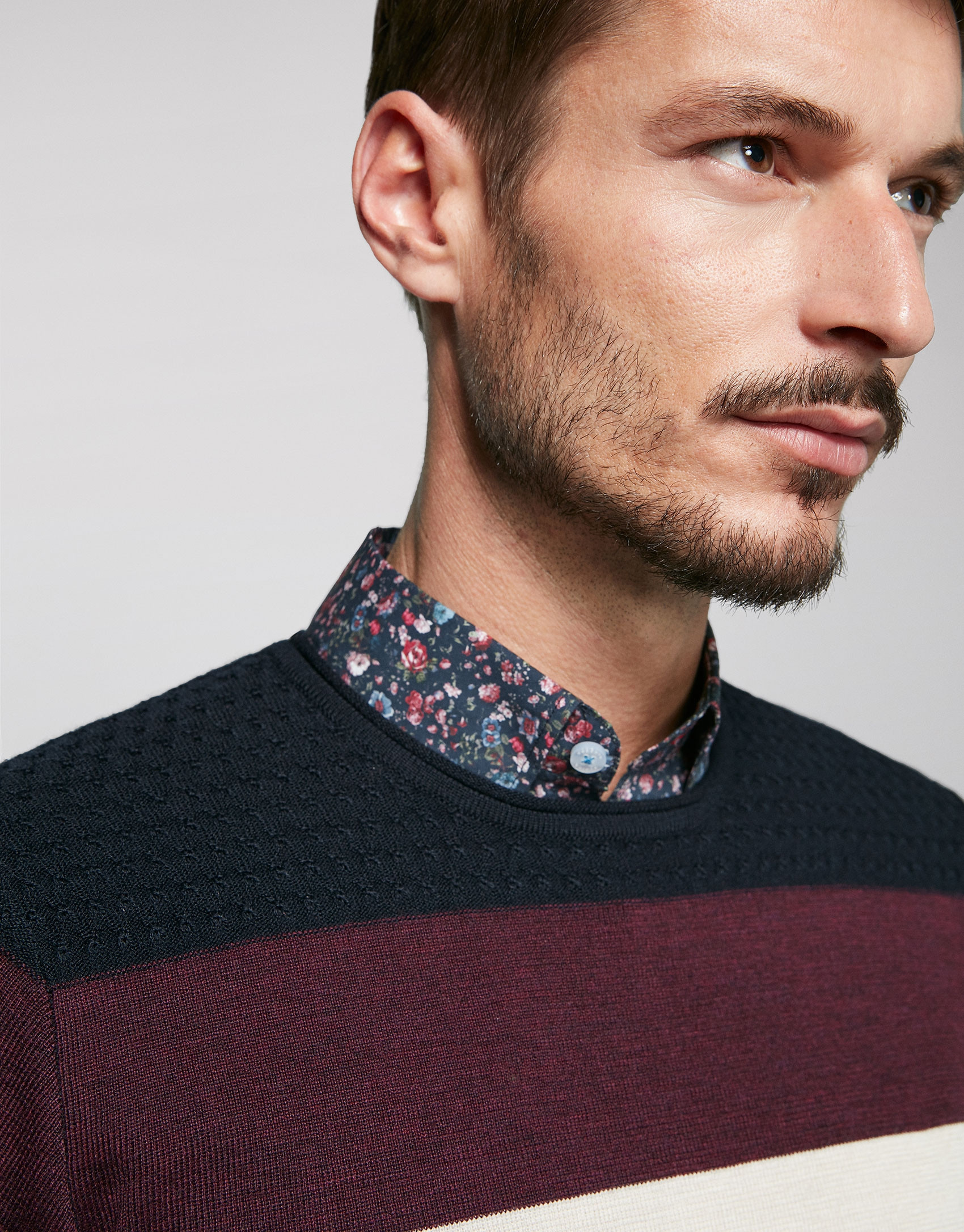 Navy blue wool sweater with stripes