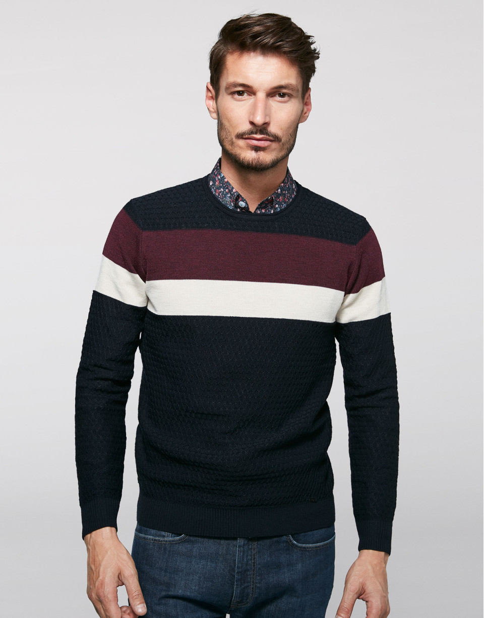 Navy blue wool sweater with stripes