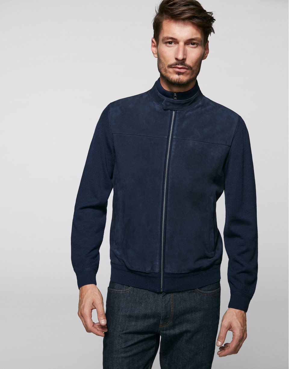 Navy blue suede and knit jacket