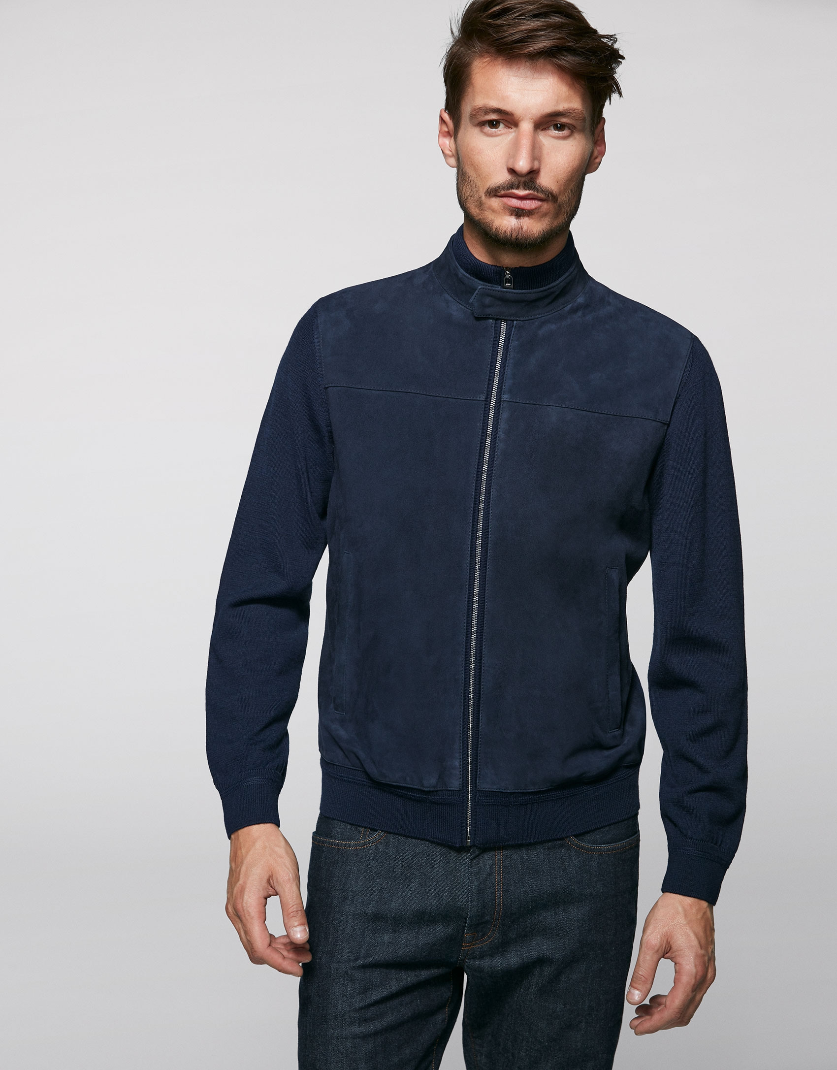 Navy blue suede and knit jacket