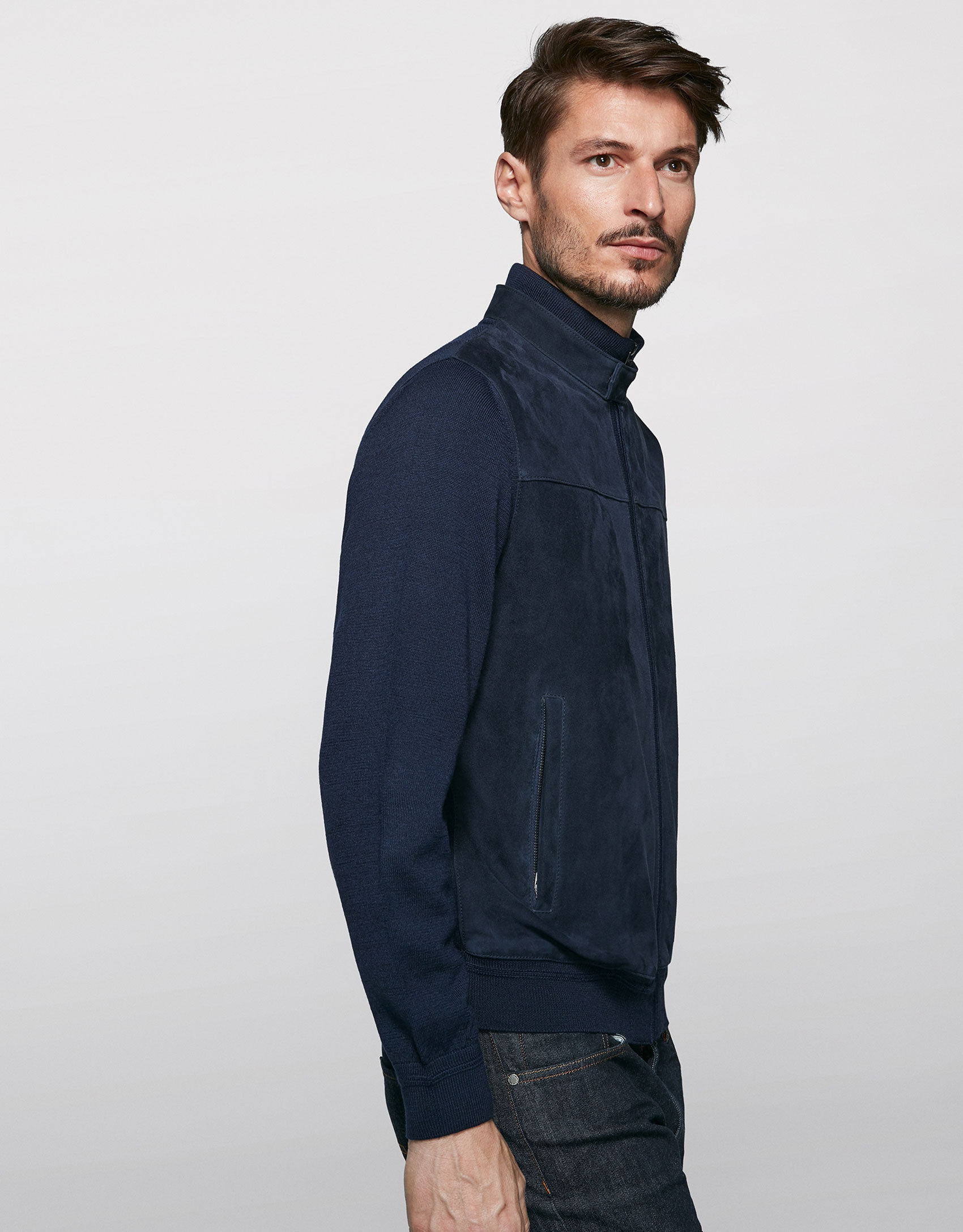 Navy blue suede and knit jacket