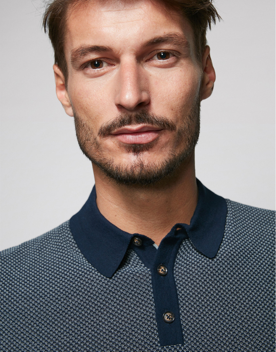 Navy blue and beige high twist cotton polo shirt