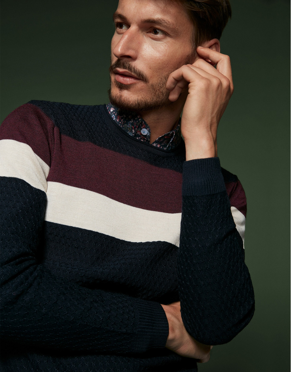 Navy blue wool sweater with stripes