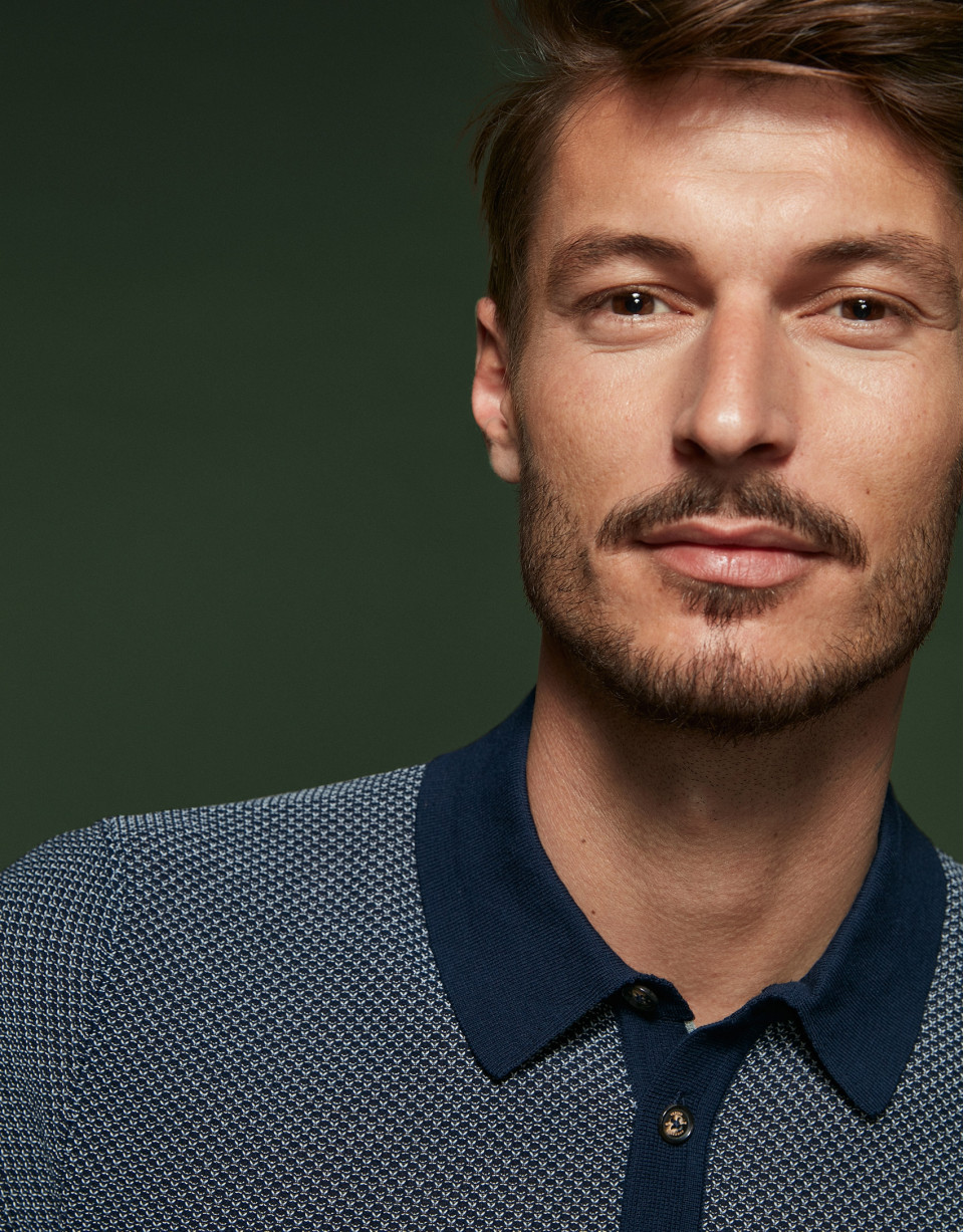 Navy blue and beige high twist cotton polo shirt