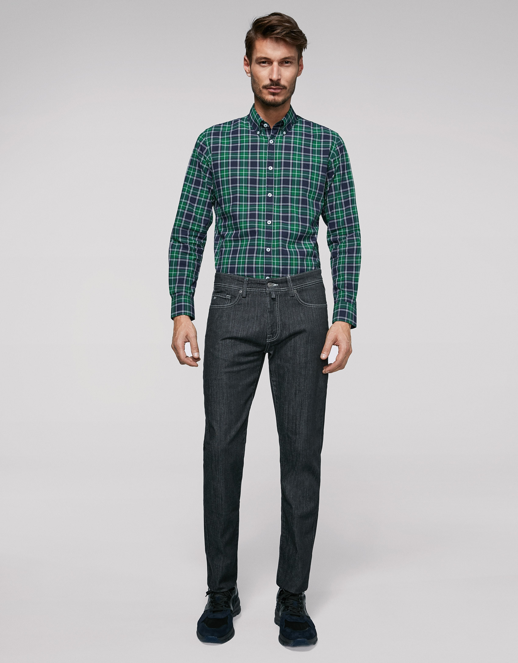 Navy blue, green and white checked sport short