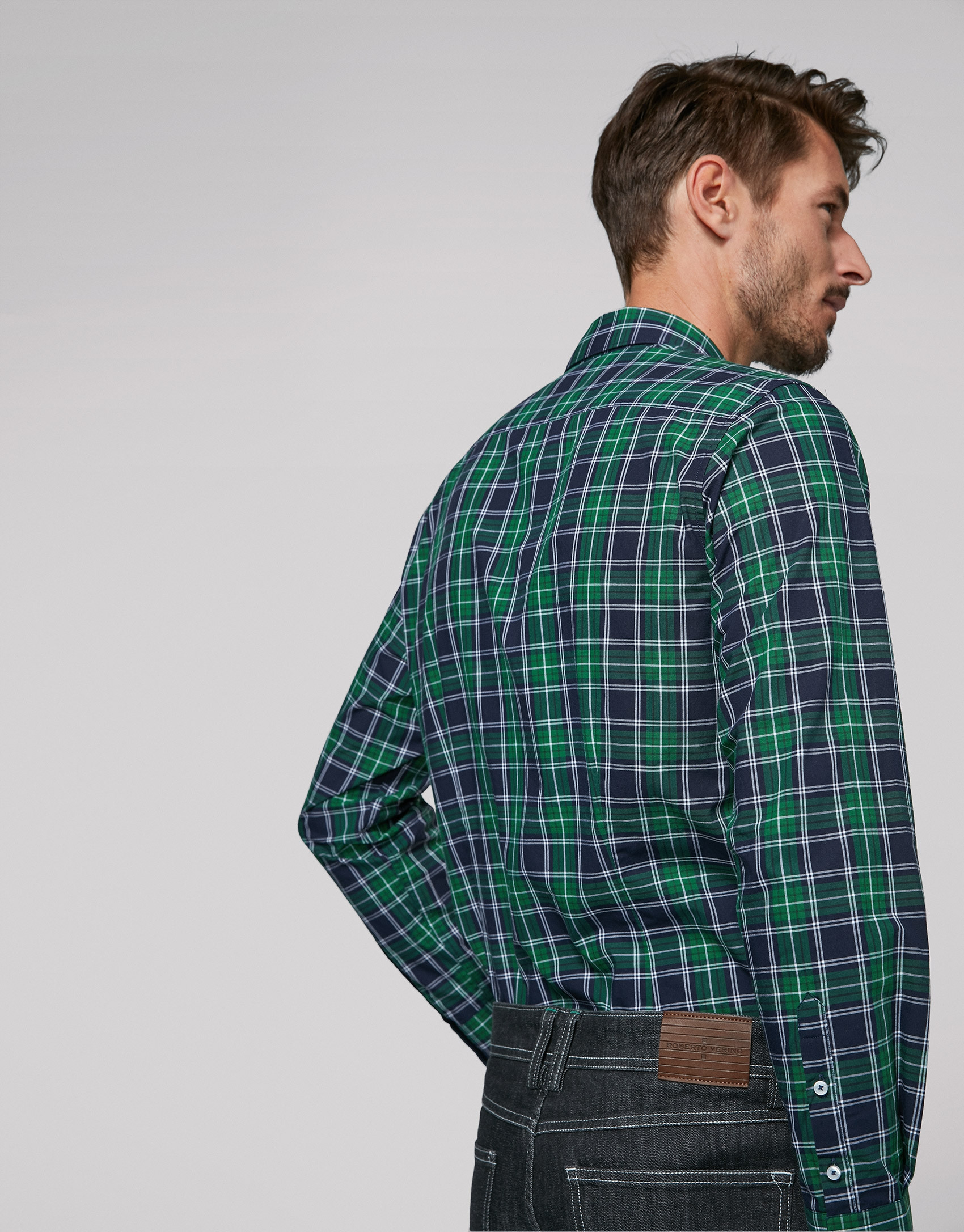 Navy blue, green and white checked sport short