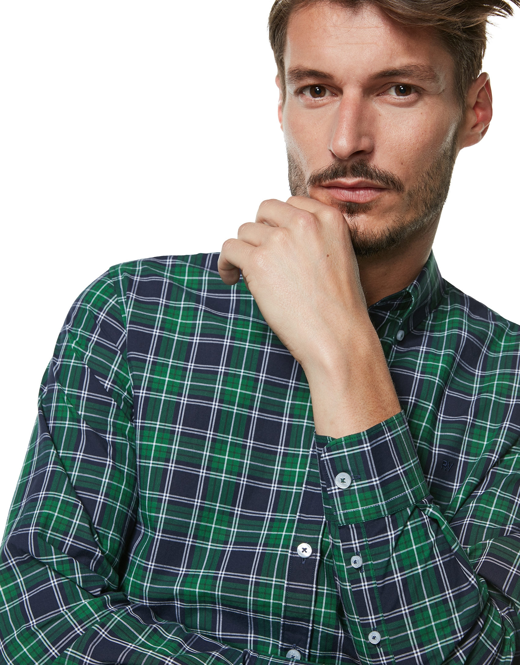 Navy blue, green and white checked sport short