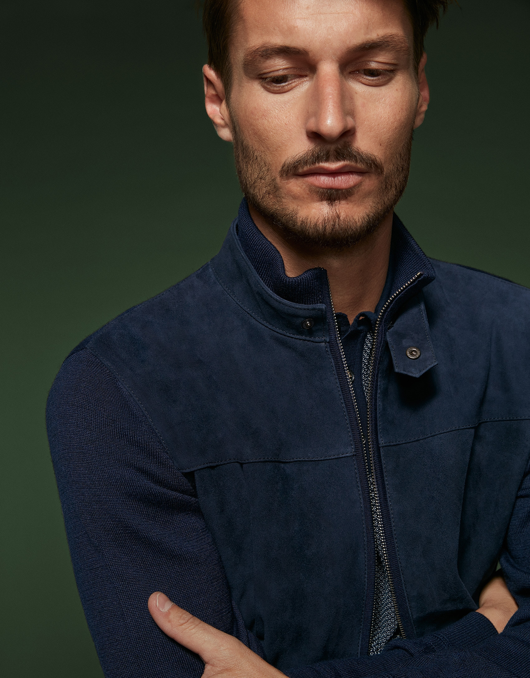 Navy blue suede and knit jacket