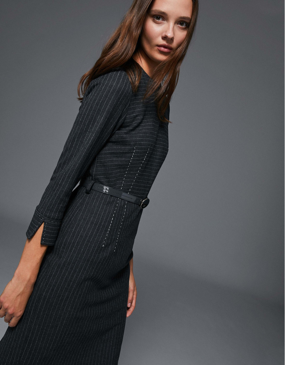 Gray pinstriped midi dress