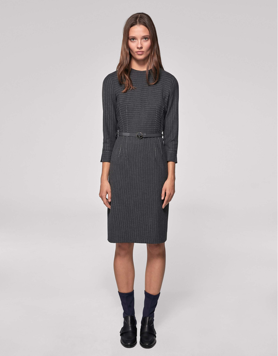 Gray pinstriped midi dress