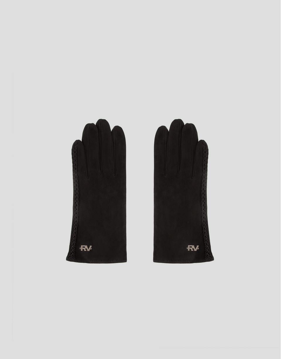 Black suede gloves with braided edge