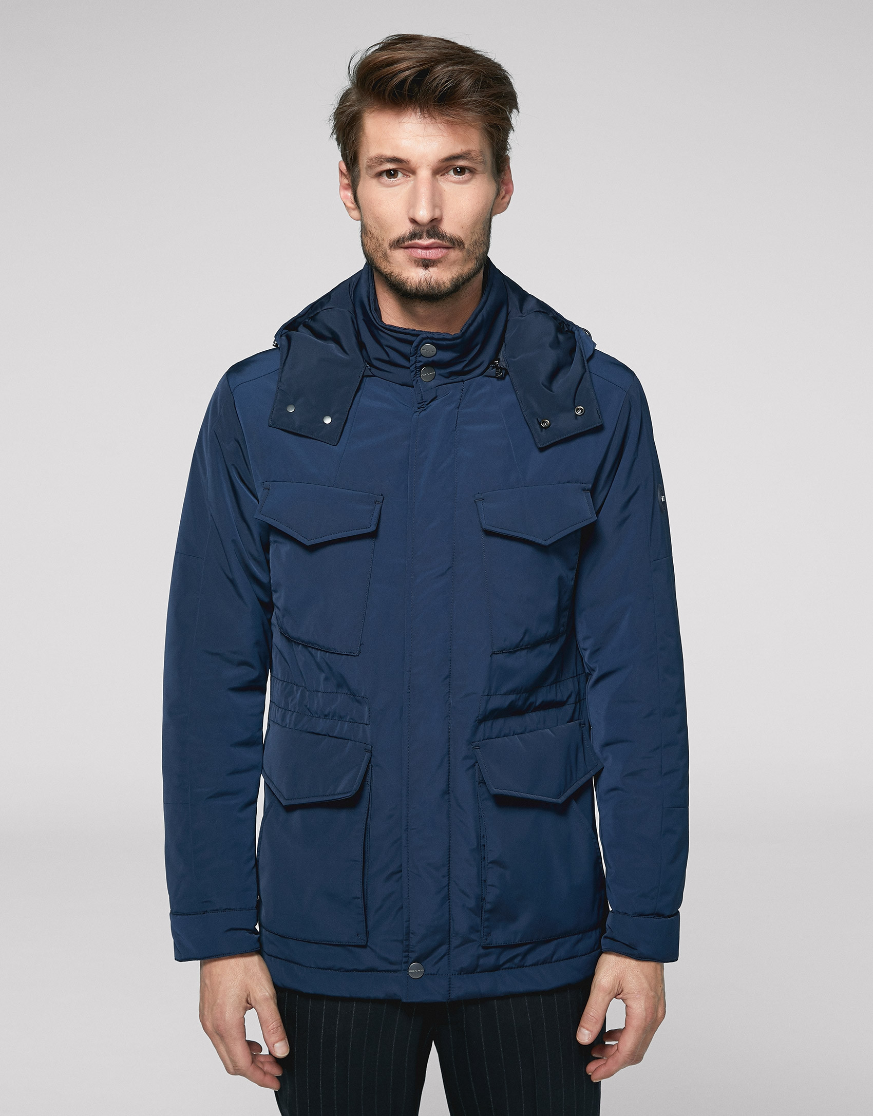 Navy blue tech fabric parka
