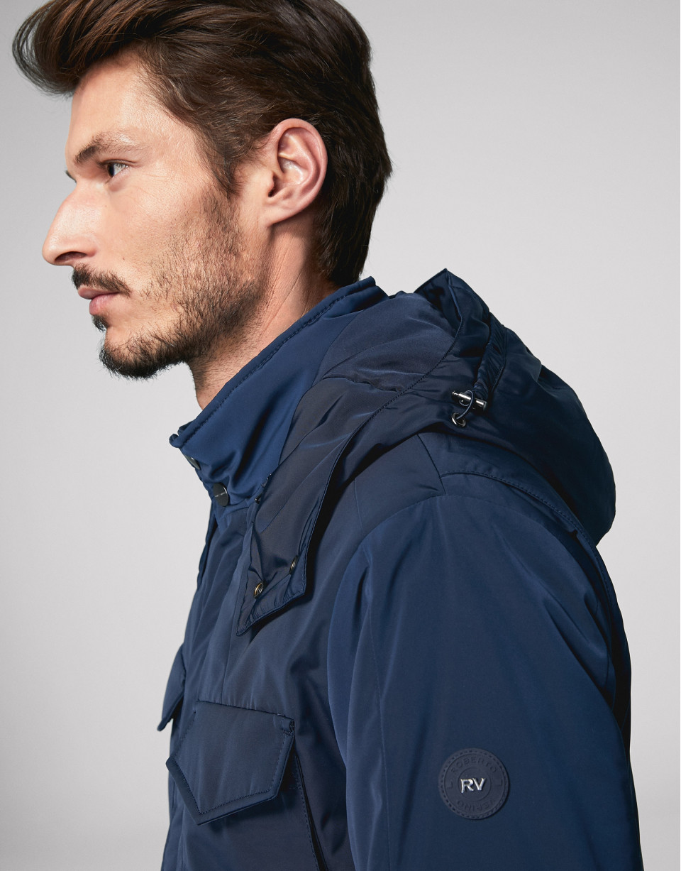 Navy blue tech fabric parka