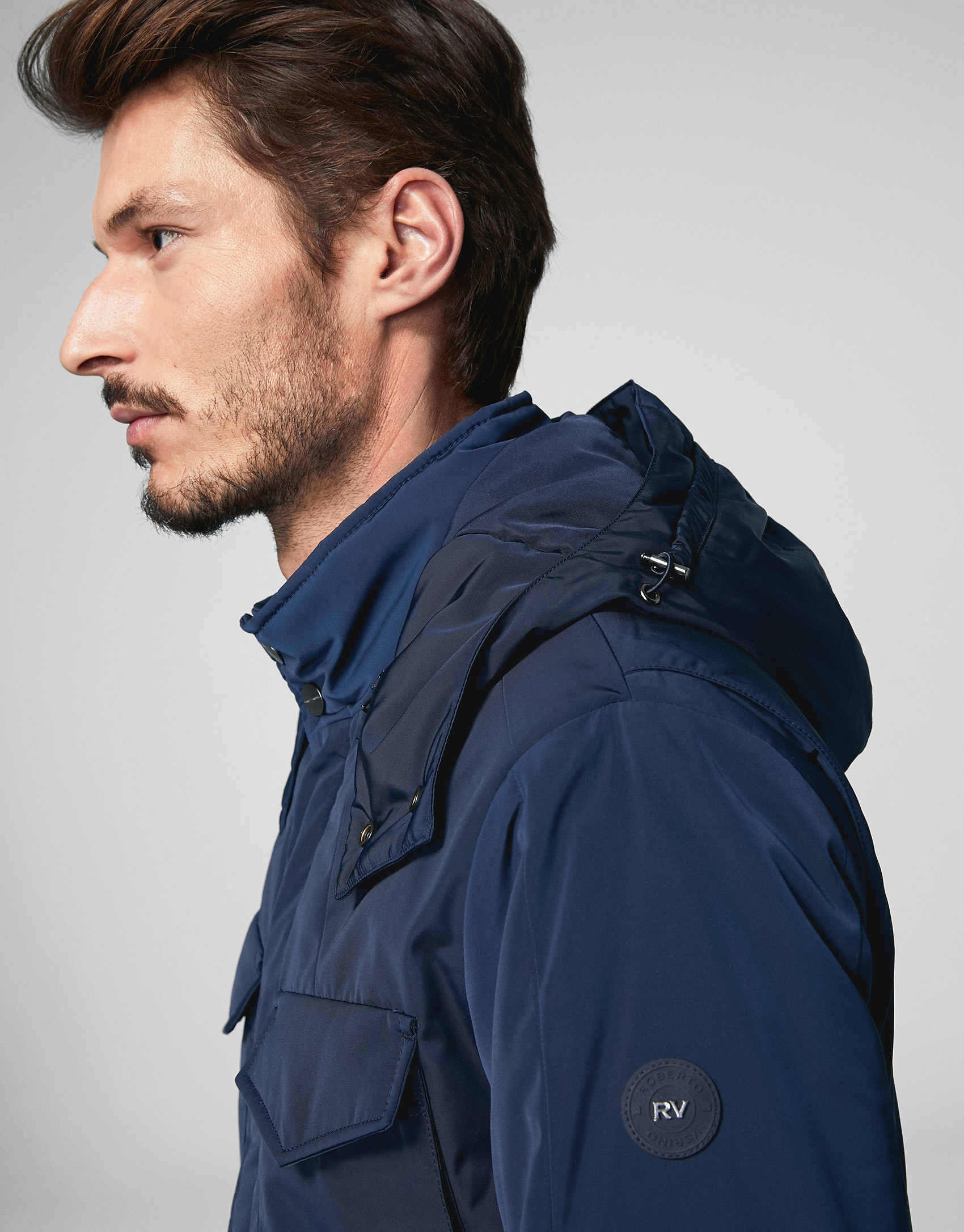 Navy blue tech fabric parka