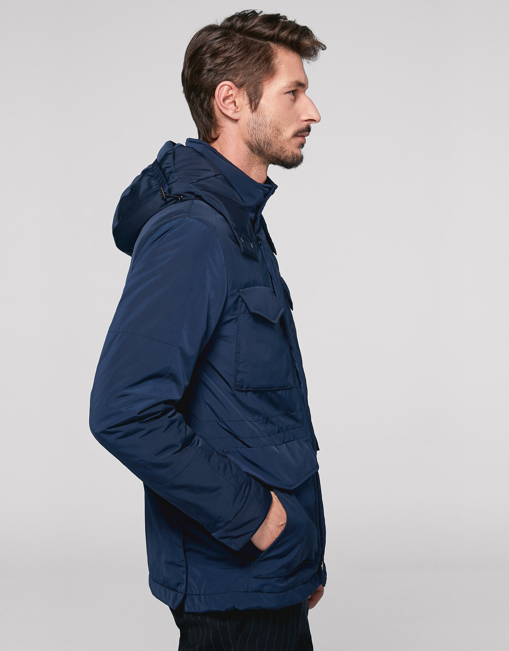 Navy blue tech fabric parka