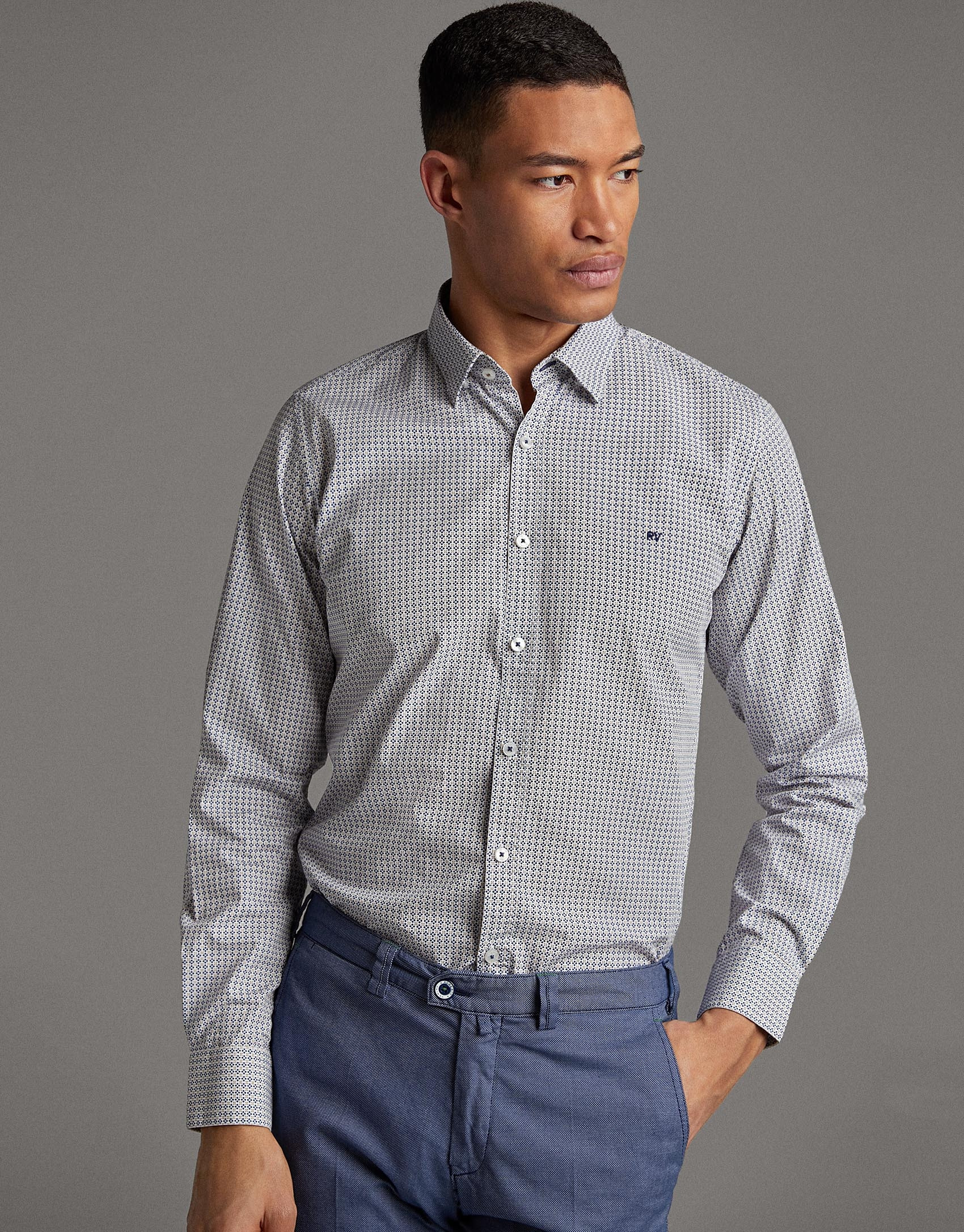 Khaki/blue geometric print men's shirt - Man | Roberto Verino