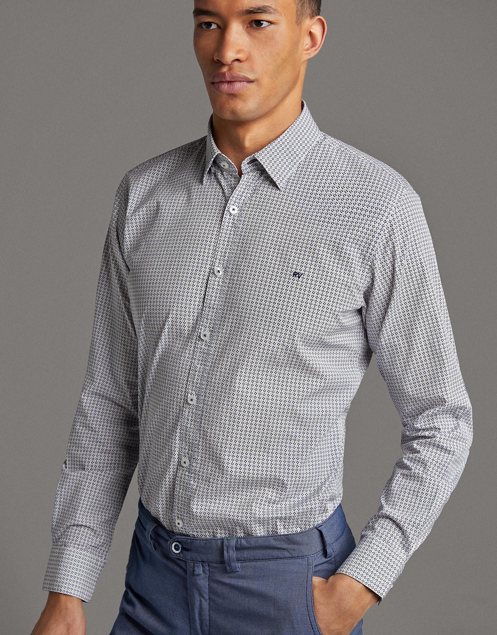 Khaki/blue geometric print men's shirt - Man | Roberto Verino