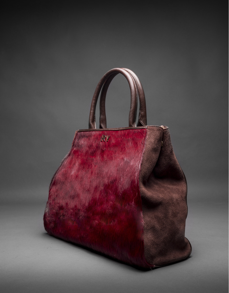 Bolso Justin con pelo de potro en burdeos combinado con piel y ante en marrón