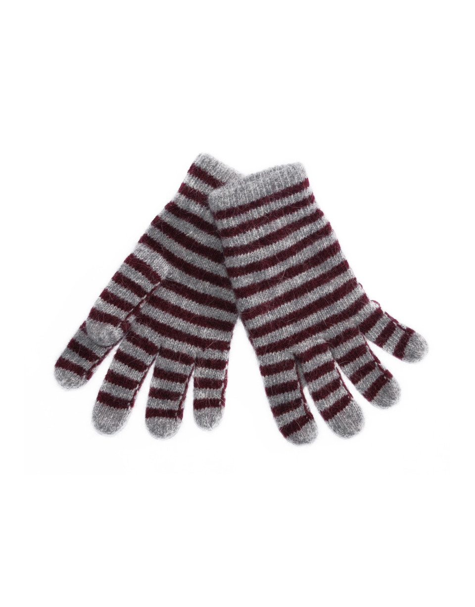 Grey and bordeaux stripe knitted gloves.