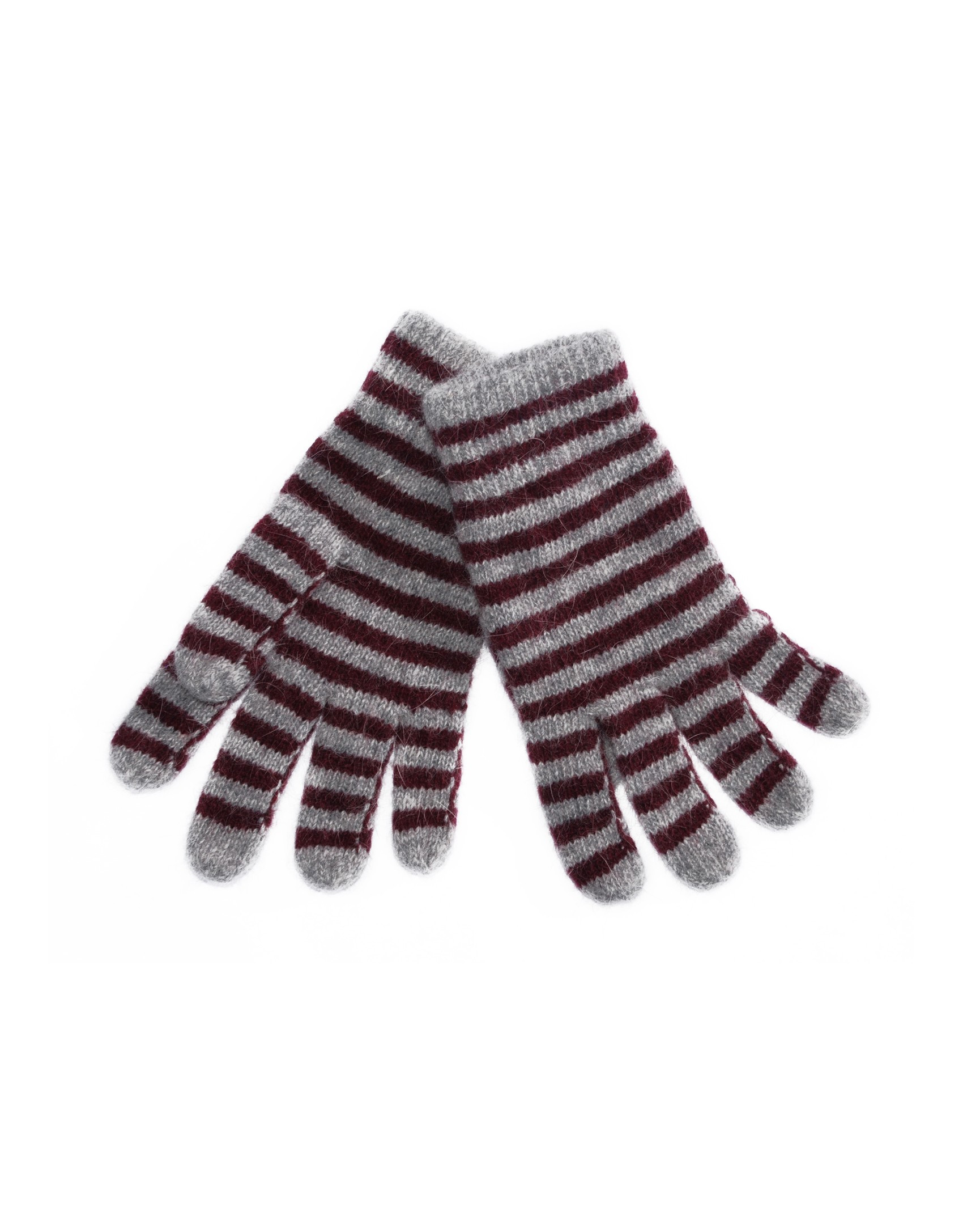 Grey and bordeaux stripe knitted gloves.