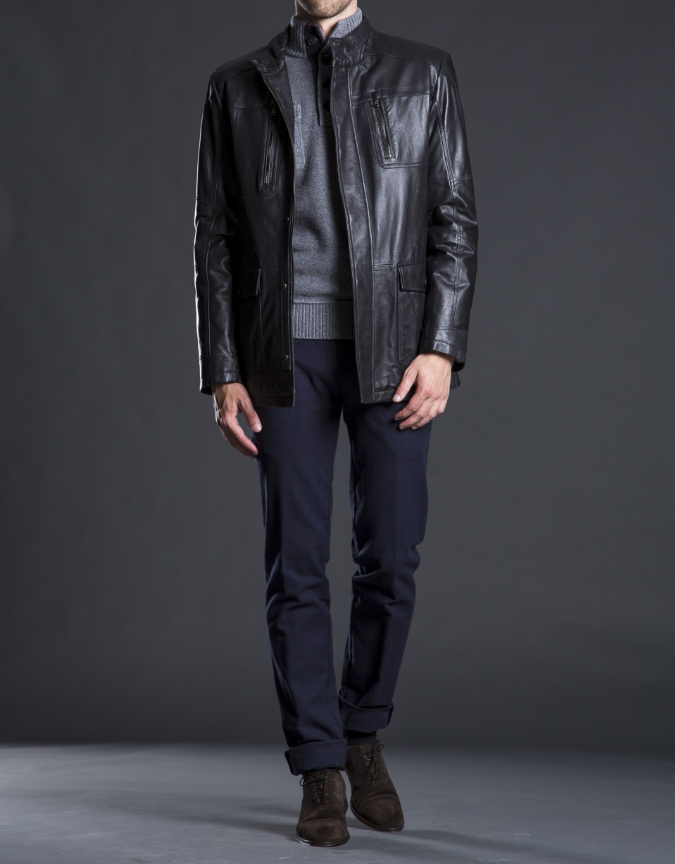 Dark brown leather parka with pockets