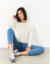 Off white fine knit sweater with horizontal ... | Roberto Verino