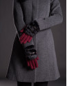 Burgundy knit gloves with black rabbit fur 