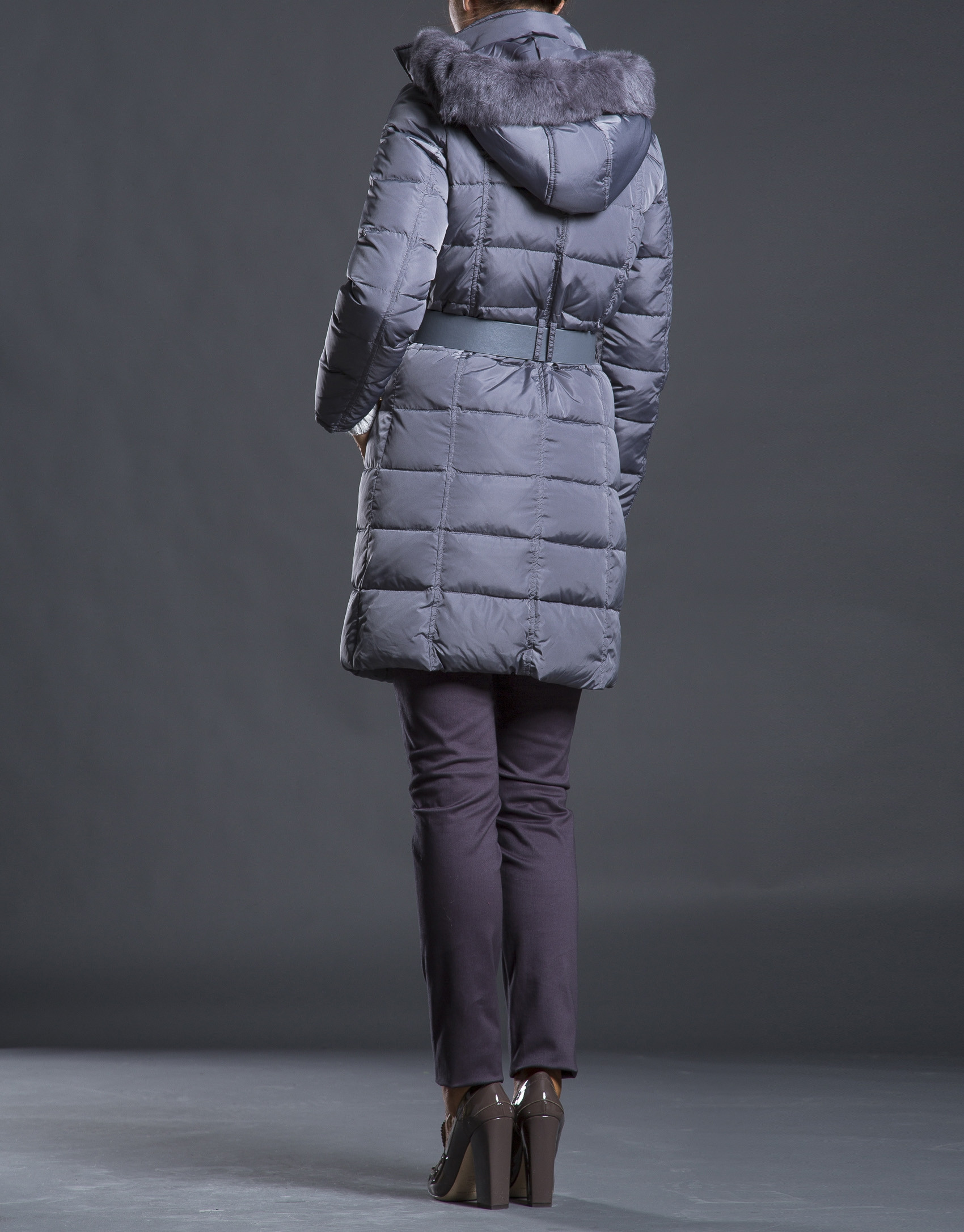 Long gray ski jacket with hood 