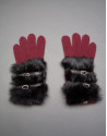 Burgundy knit gloves with black rabbit fur 