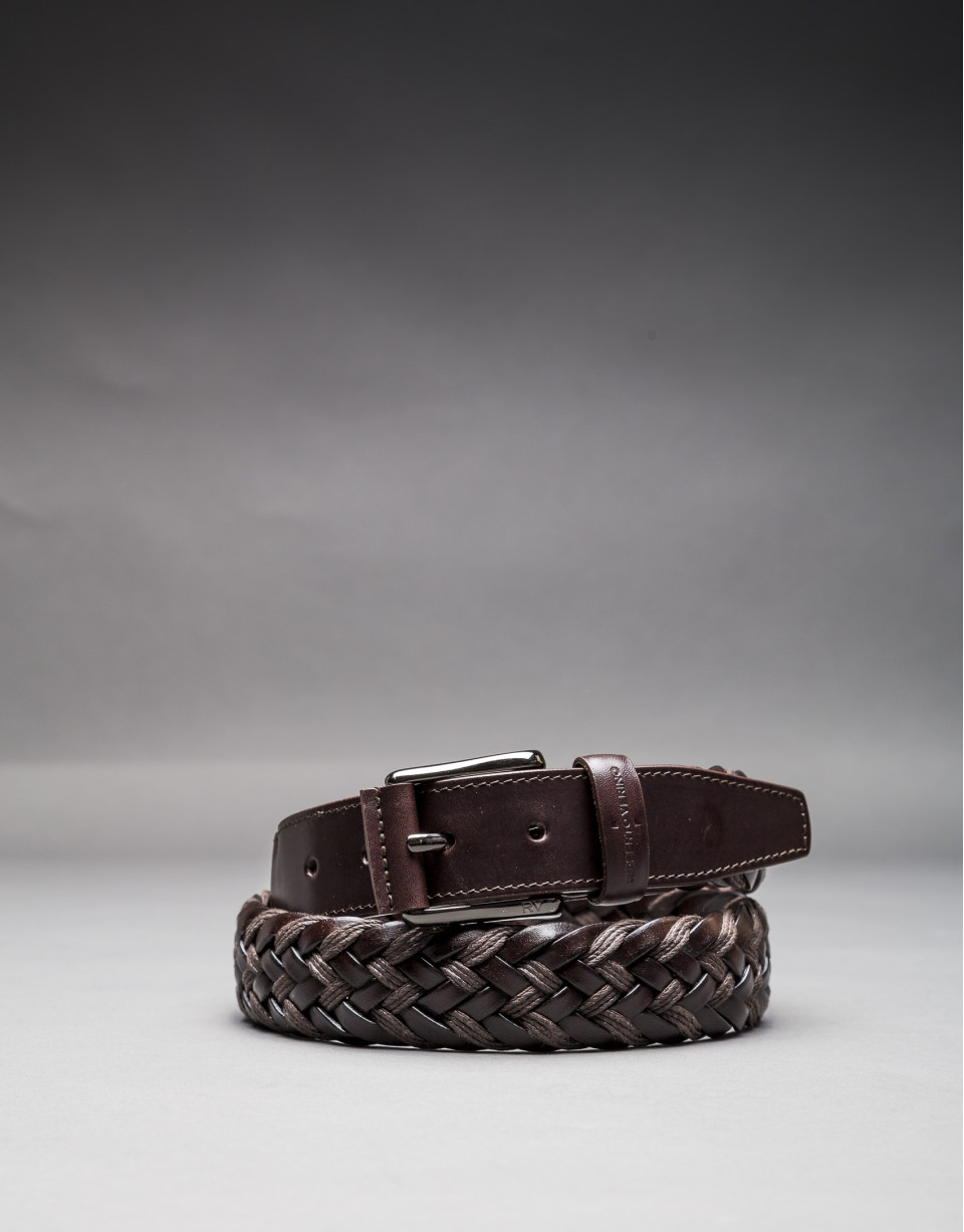Braided brown cotton - leather belt 