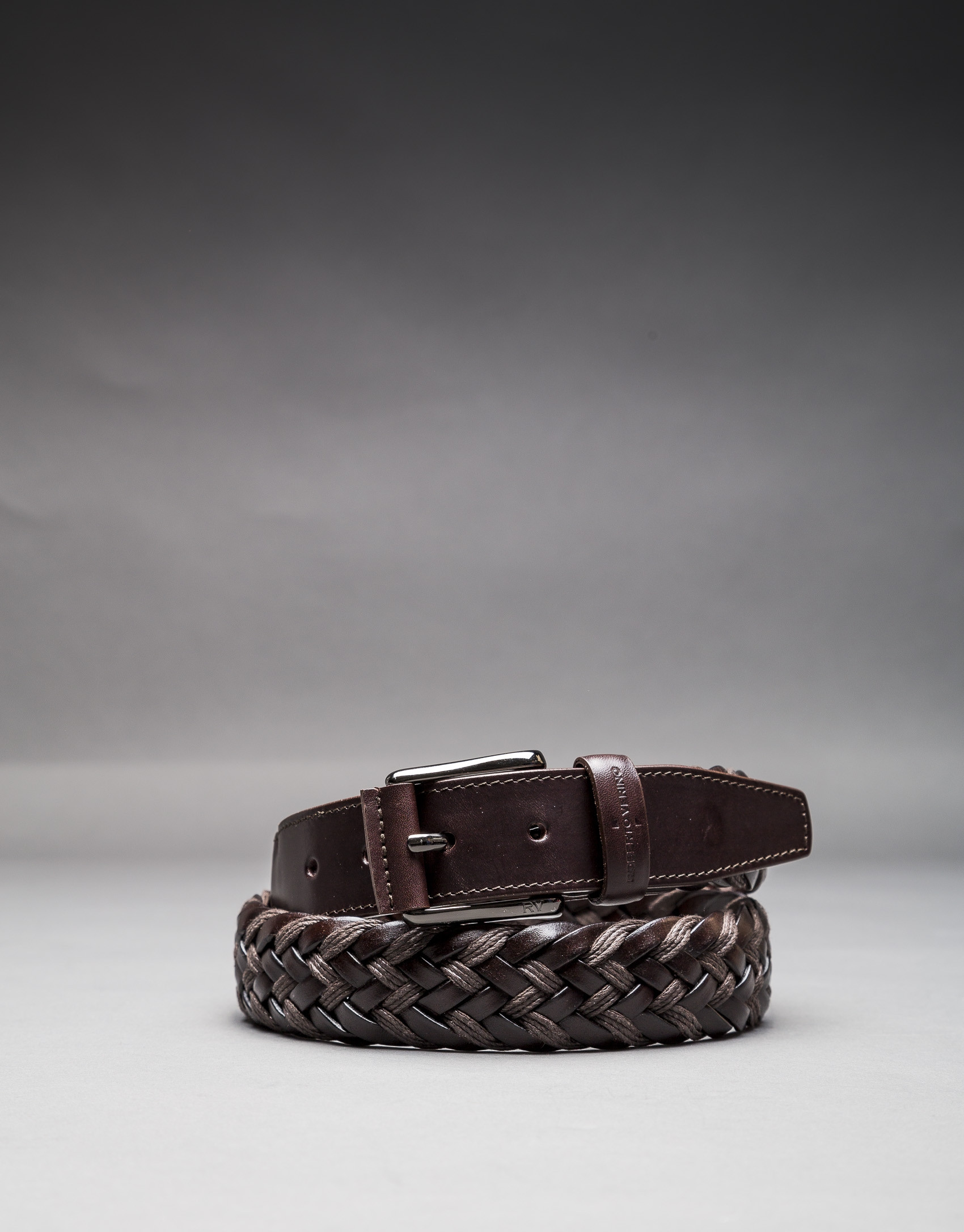 Braided brown cotton - leather belt 