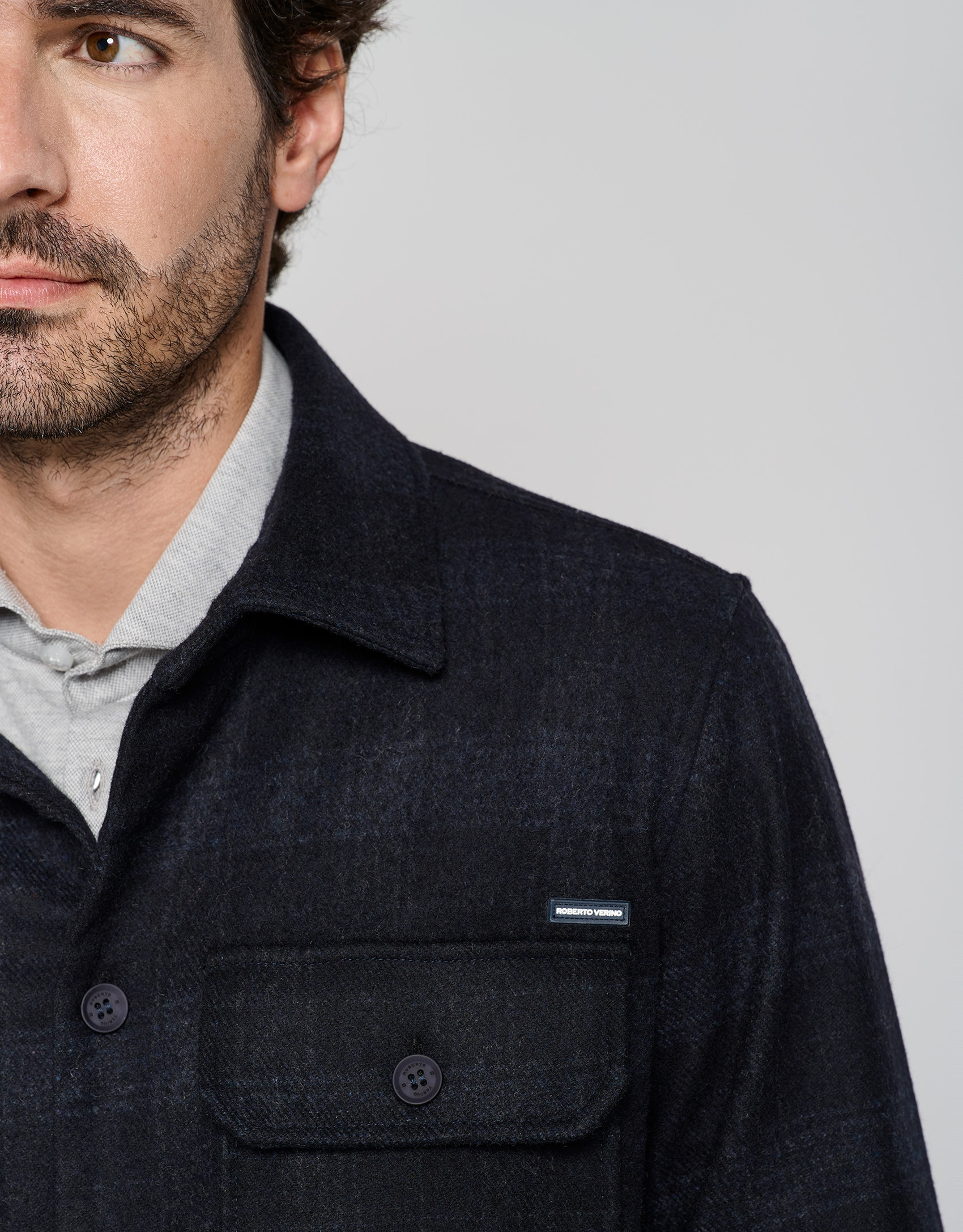 Blue checked wool shirt jacket - Man - AW2023 | Roberto Verino