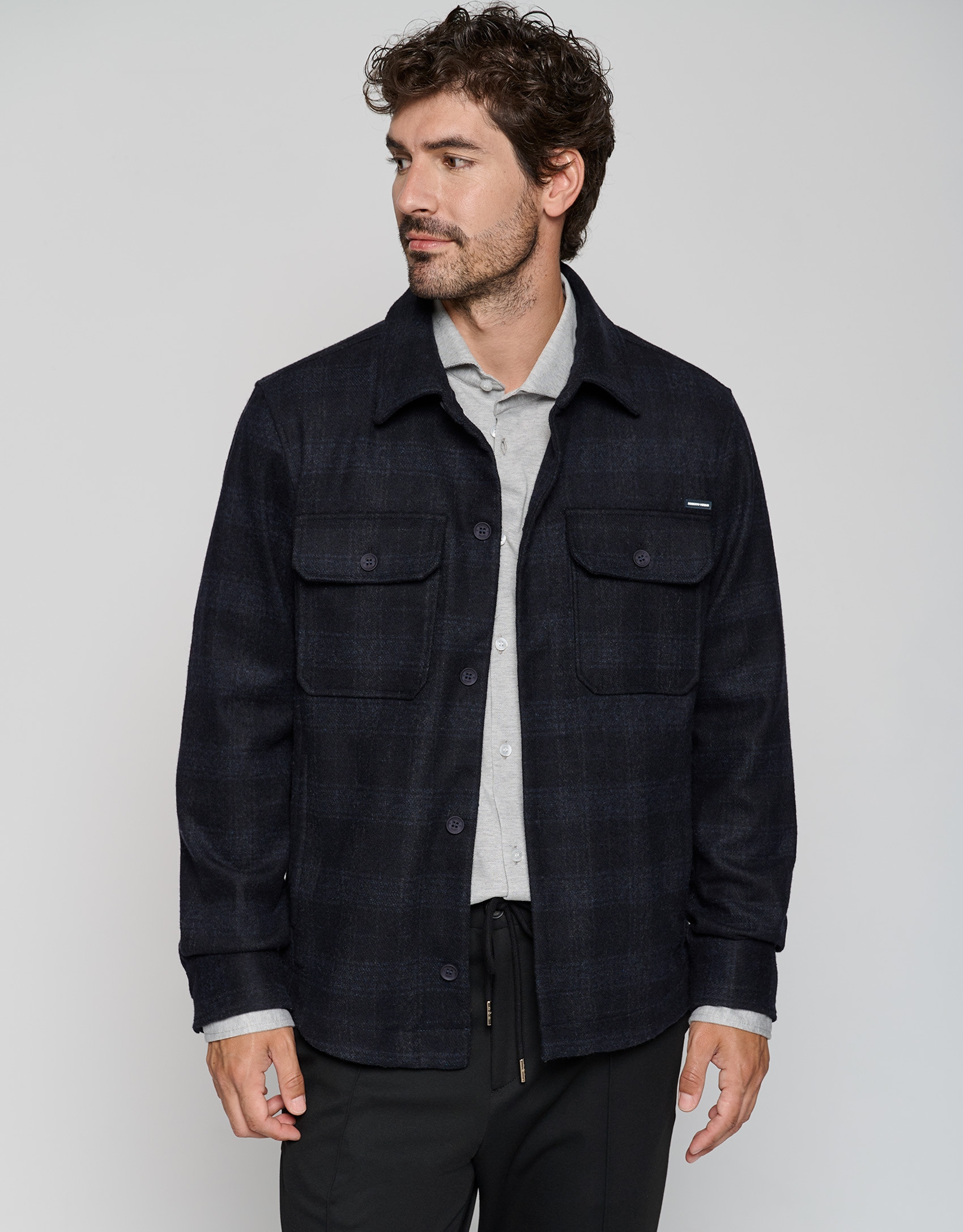 Blue checked wool shirt jacket - Man - AW2023 | Roberto Verino