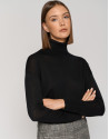 Black fine gauge knit sweater with cowl neckline