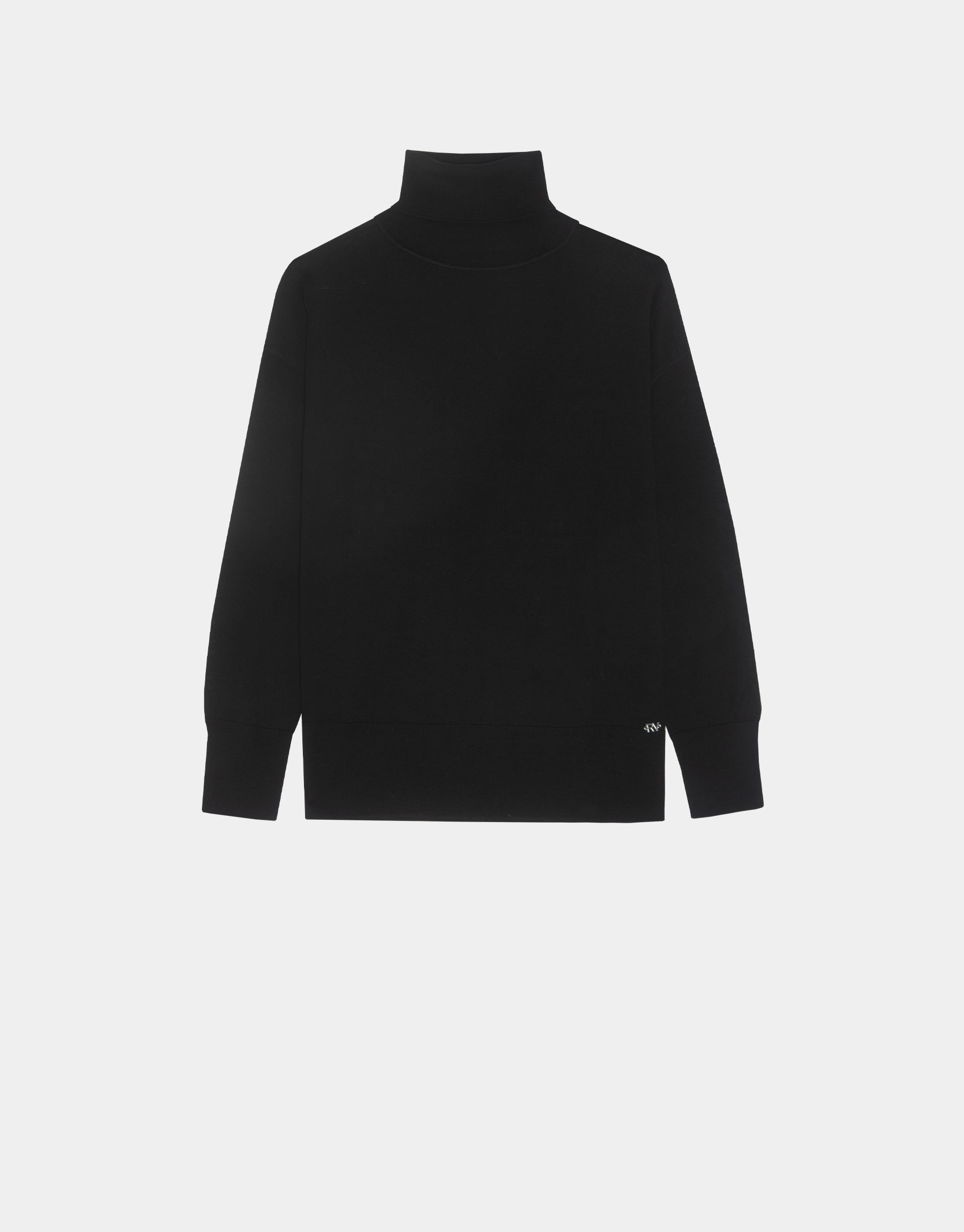 Black fine gauge knit sweater with cowl neckline
