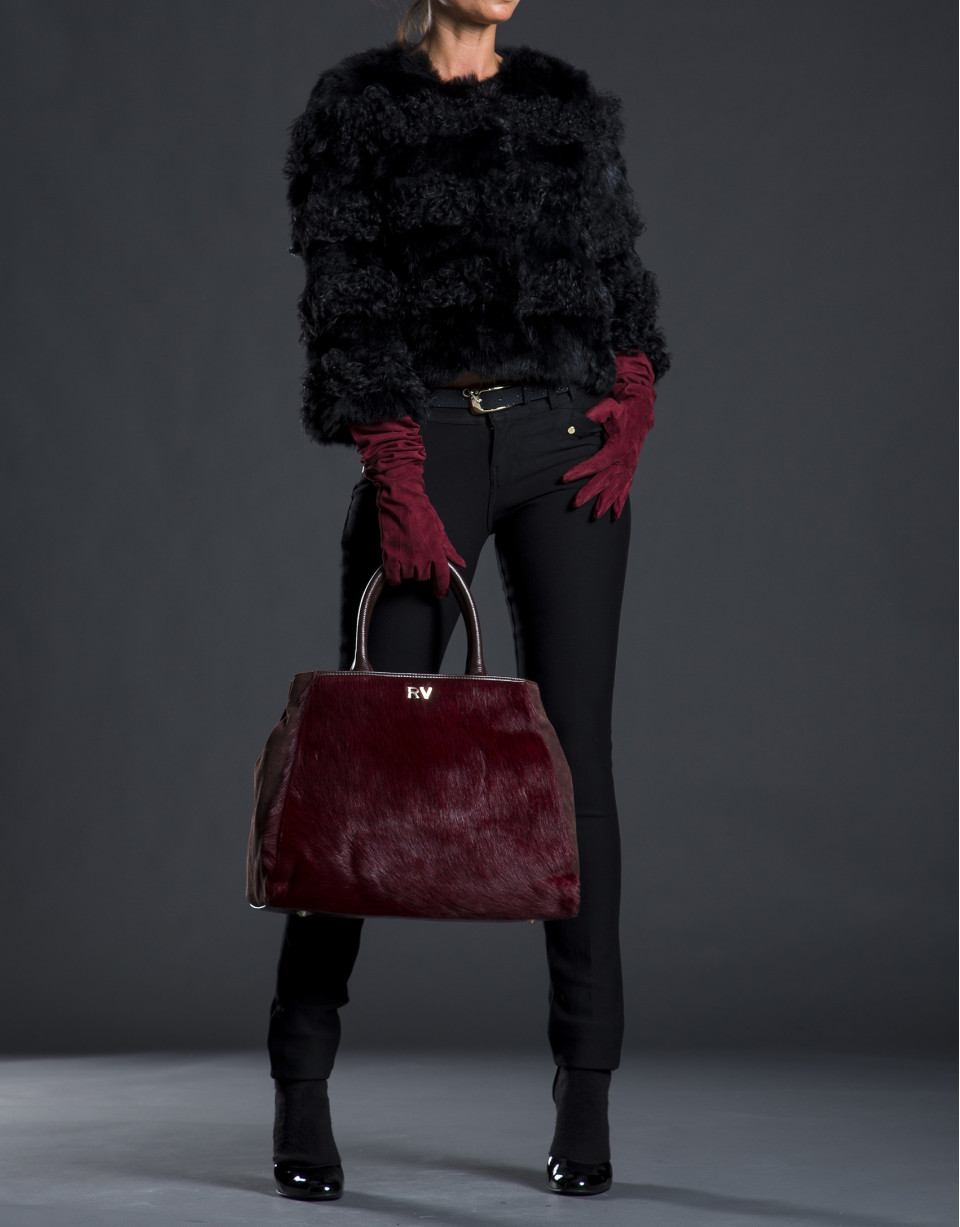 Bolso Justin con pelo de potro en burdeos combinado con piel y ante en marrón