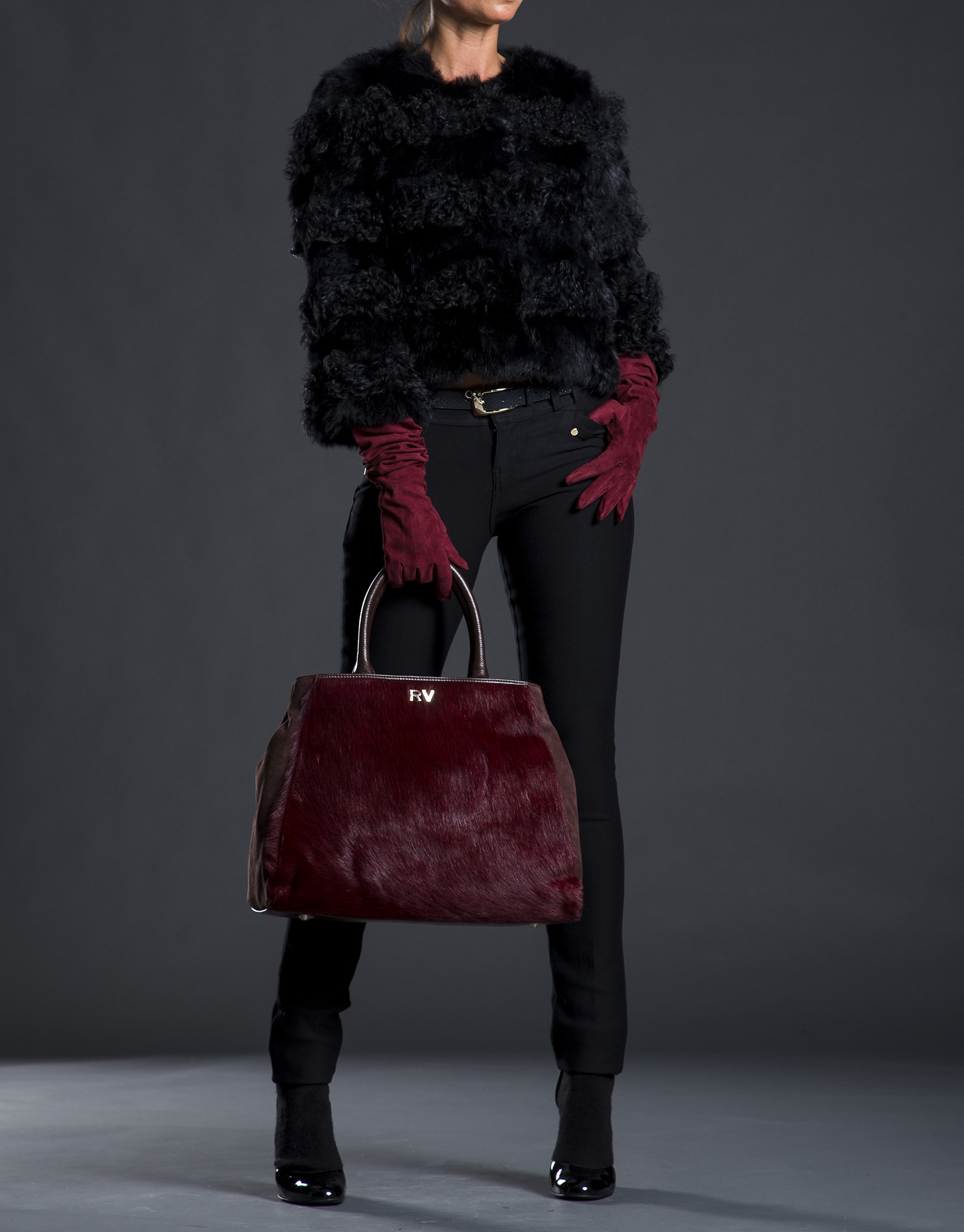 Bolso Justin con pelo de potro en burdeos combinado con piel y ante en marrón