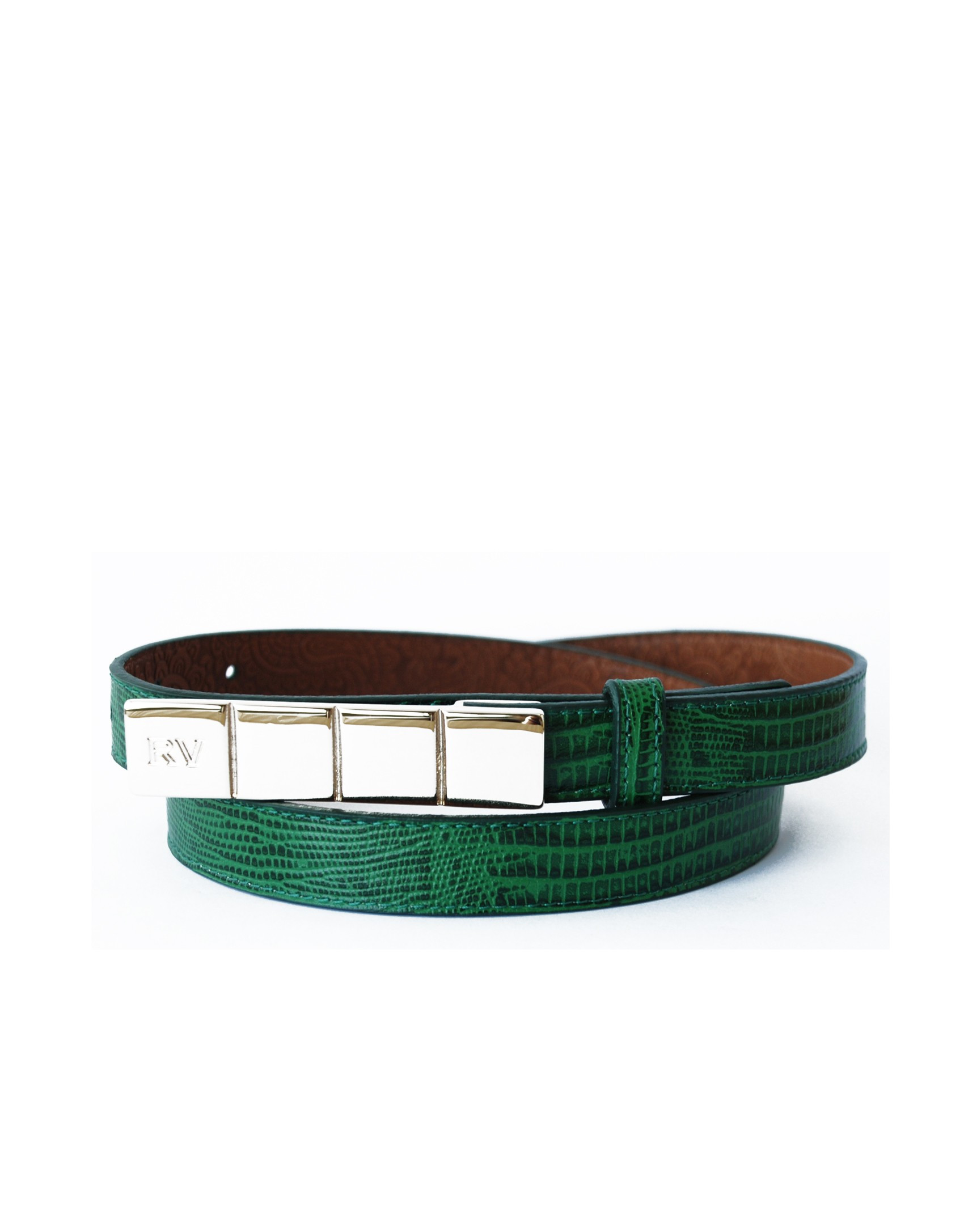 Cinturón verde estrecho hebilla dorada