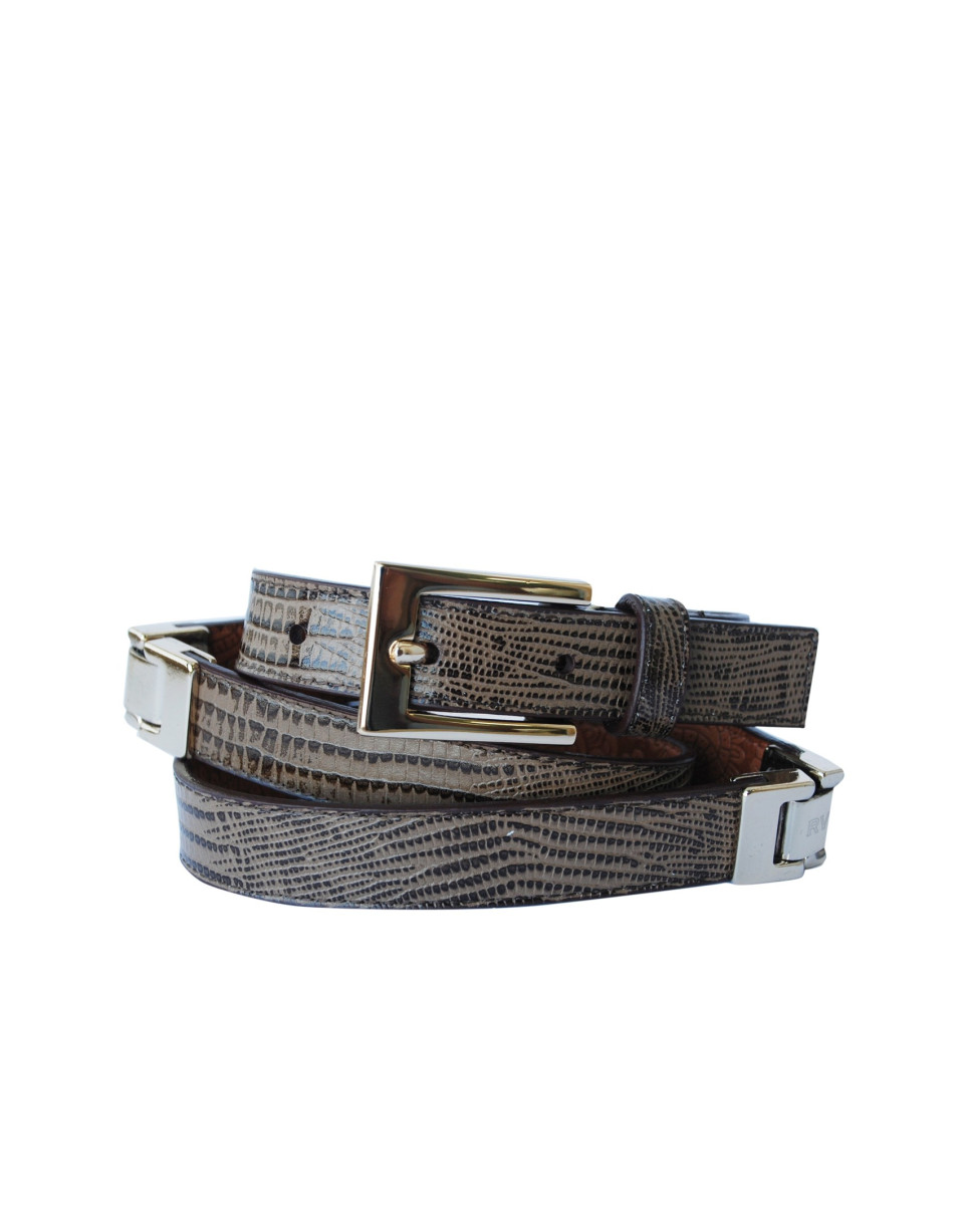 Narrow lizard brown belt golden buckle and applications